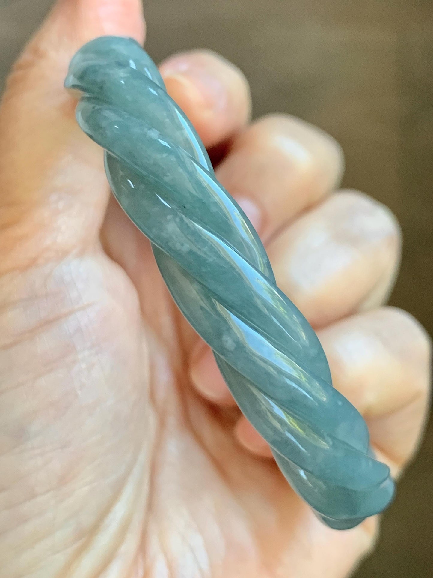 Certified Natural Grade A Guatemalan Icy Translucent Grayish Blue Jade Jadeite Carved Braid Bangle 60.93mm 7.53” 34g 天然冰危淡灰蓝翡翠麻花手镯 489