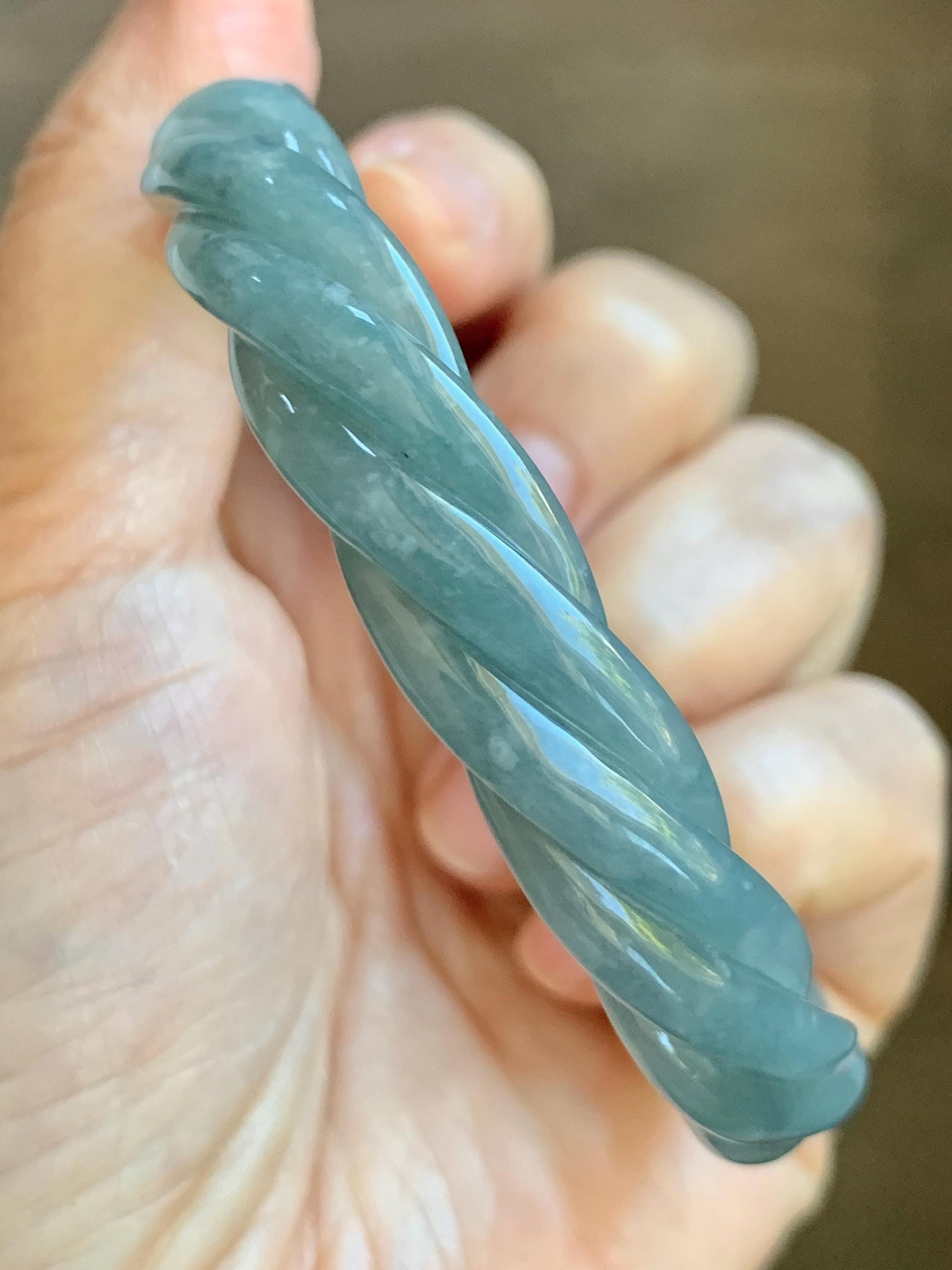 Certified Natural Grade A Guatemalan Icy Translucent Grayish Blue Jade Jadeite Carved Braid Bangle 60.93mm 7.53” 34g 天然冰危淡灰蓝翡翠麻花手镯 489