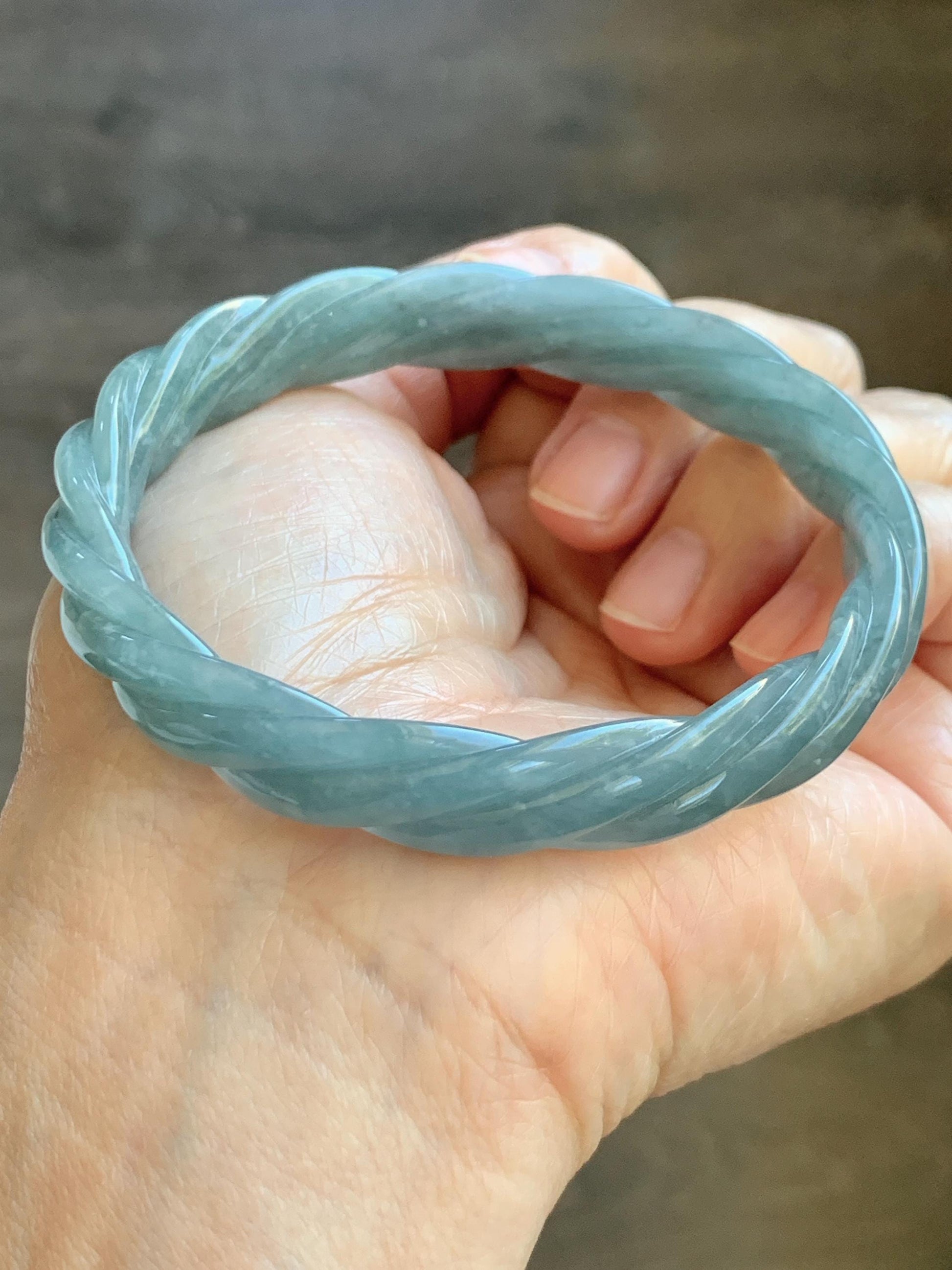 Certified Natural Grade A Guatemalan Icy Translucent Grayish Blue Jade Jadeite Carved Braid Bangle 60.93mm 7.53” 34g 天然冰危淡灰蓝翡翠麻花手镯 489