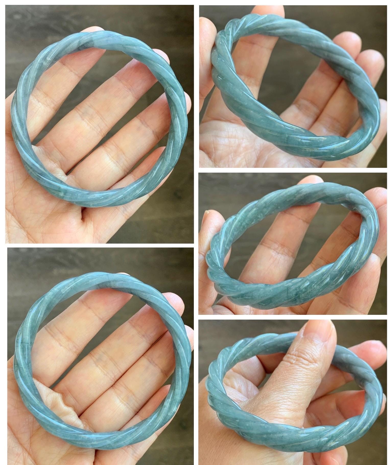 Certified Natural Grade A Guatemalan Icy Translucent Grayish Blue Jade Jadeite Carved Braid Bangle 60.93mm 7.53” 33g 天然冰危淡灰蓝翡翠麻花手镯 474