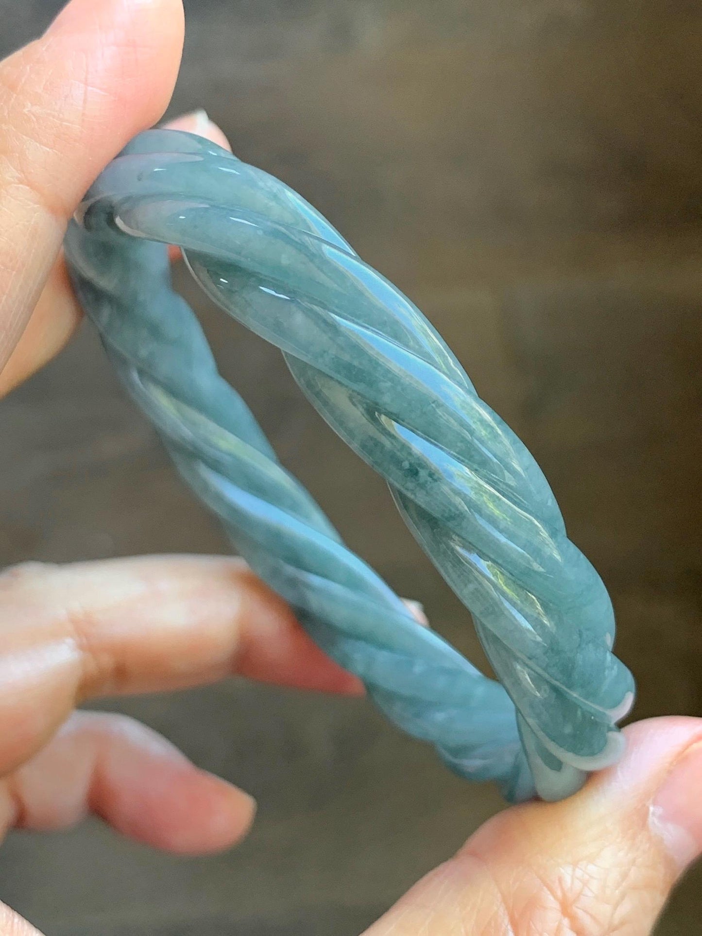 Certified Natural Grade A Guatemalan Icy Translucent Grayish Blue Jade Jadeite Carved Braid Bangle 60.93mm 7.53” 33g 天然冰危淡灰蓝翡翠麻花手镯 474