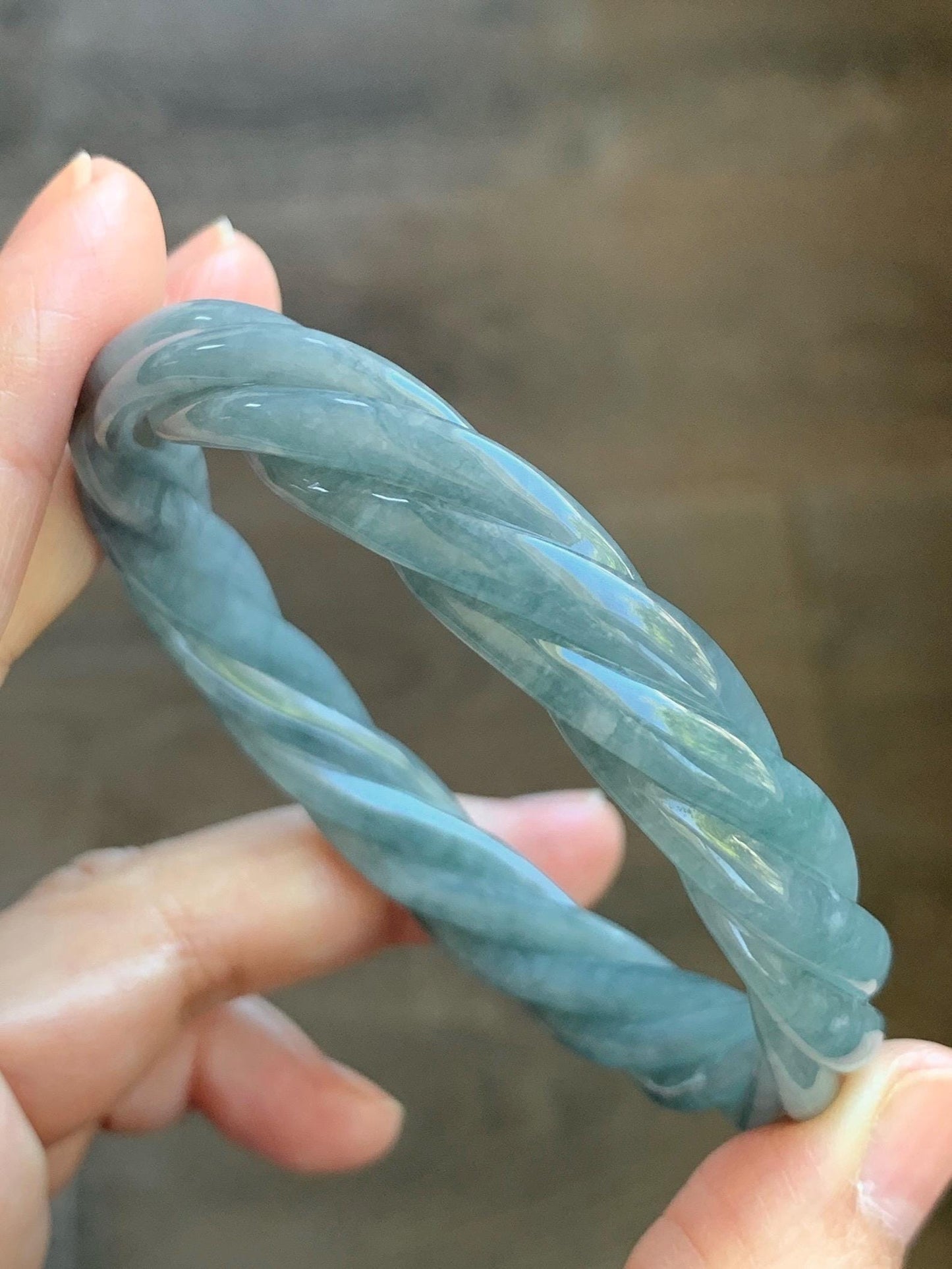 Certified Natural Grade A Guatemalan Icy Translucent Grayish Blue Jade Jadeite Carved Braid Bangle 60.93mm 7.53” 33g 天然冰危淡灰蓝翡翠麻花手镯 474