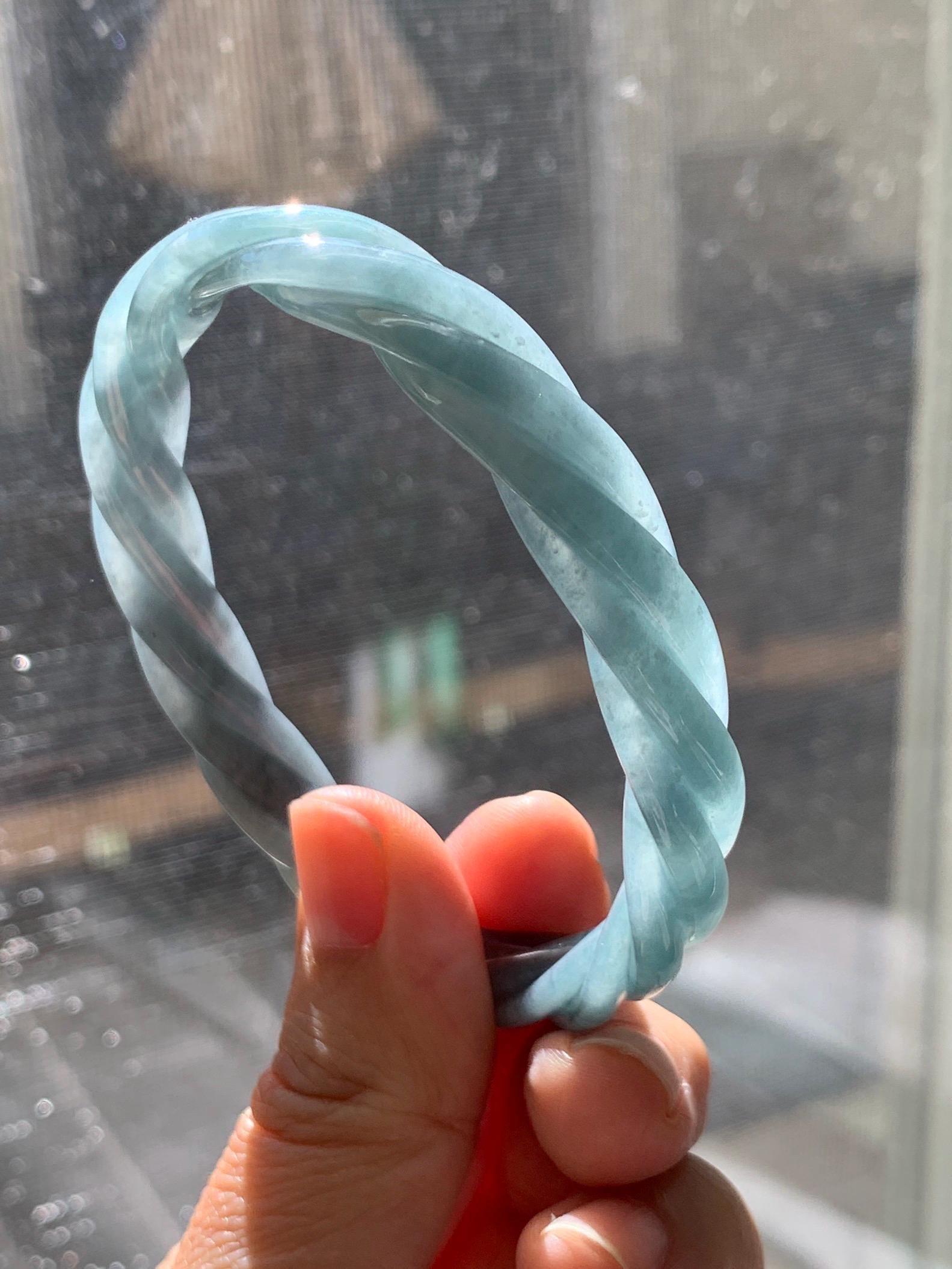 Certified Natural Grade A Guatemalan Icy Translucent Grayish Blue Jade Jadeite Carved Braid Bangle 60.93mm 7.53” 33g 天然冰危淡灰蓝翡翠麻花手镯 474
