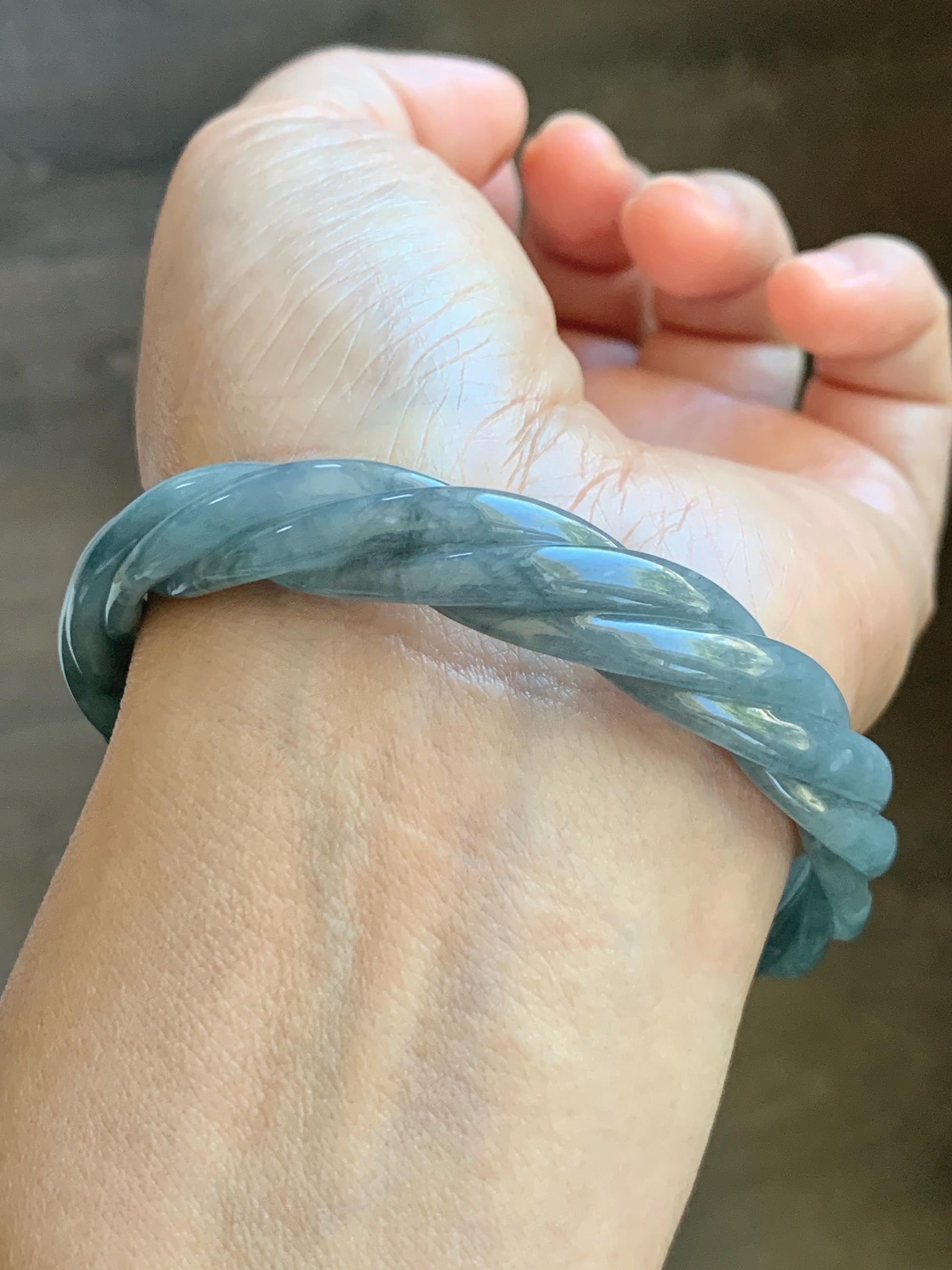 Certified Natural Grade A Guatemalan Icy Translucent Grayish Blue Jade Jadeite Carved Braid Bangle 60.93mm 7.53” 33g 天然冰危淡灰蓝翡翠麻花手镯 474