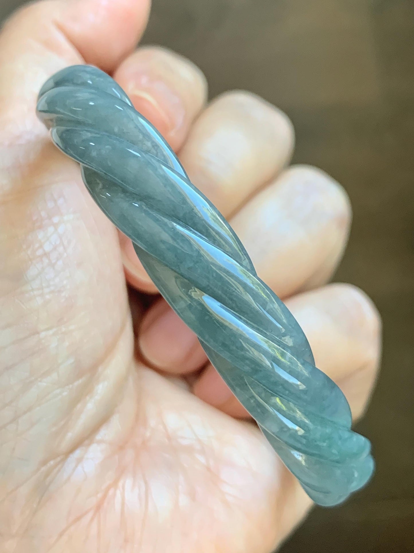 Certified Natural Grade A Guatemalan Icy Translucent Grayish Blue Jade Jadeite Carved Braid Bangle 60.93mm 7.53” 33g 天然冰危淡灰蓝翡翠麻花手镯 474