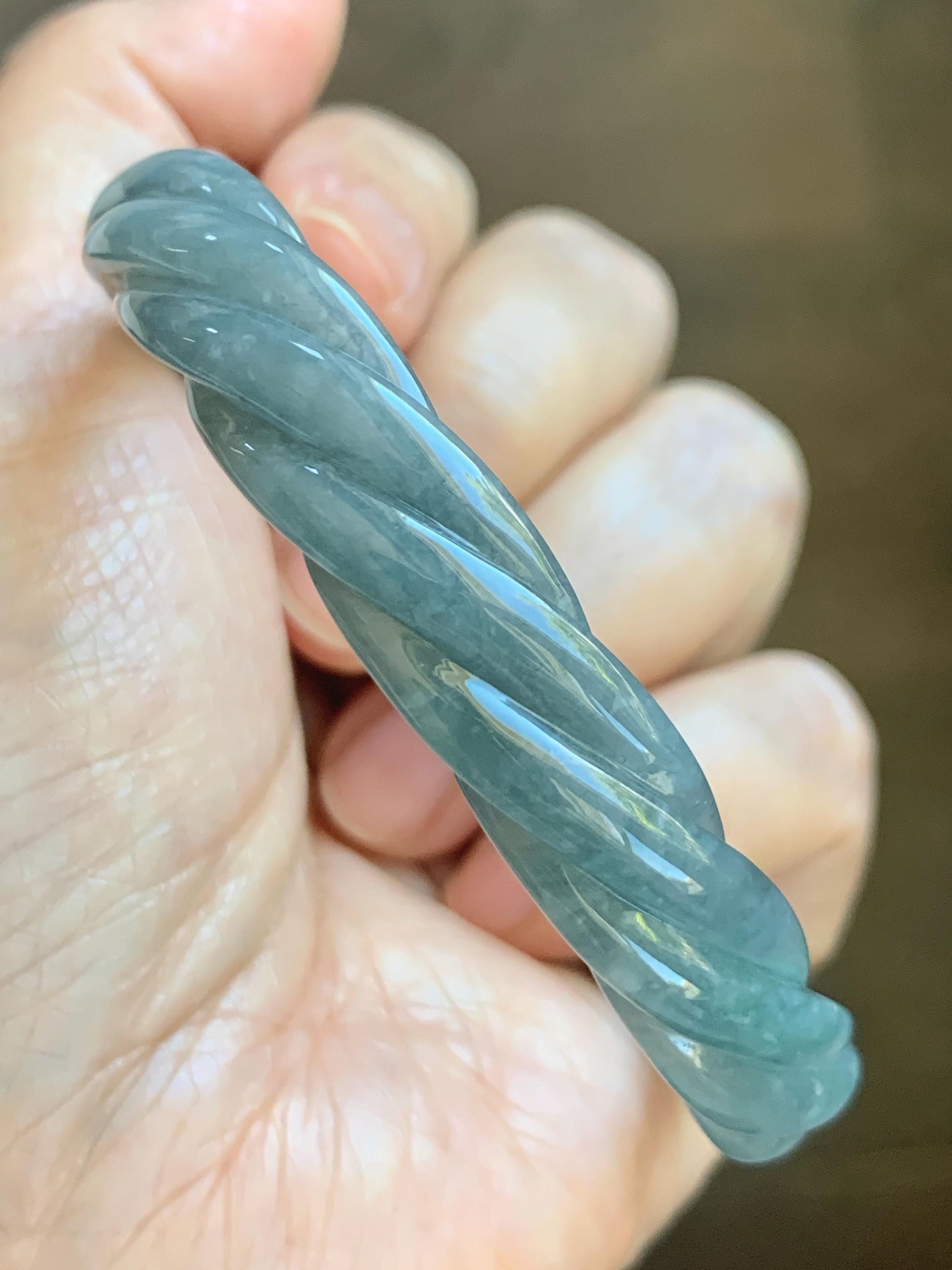 Certified Natural Grade A Guatemalan Icy Translucent Grayish Blue Jade Jadeite Carved Braid Bangle 60.93mm 7.53” 33g 天然冰危淡灰蓝翡翠麻花手镯 474