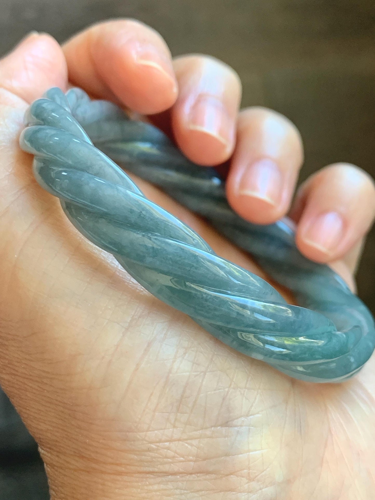 Certified Natural Grade A Guatemalan Icy Translucent Grayish Blue Jade Jadeite Carved Braid Bangle 60.93mm 7.53” 33g 天然冰危淡灰蓝翡翠麻花手镯 474