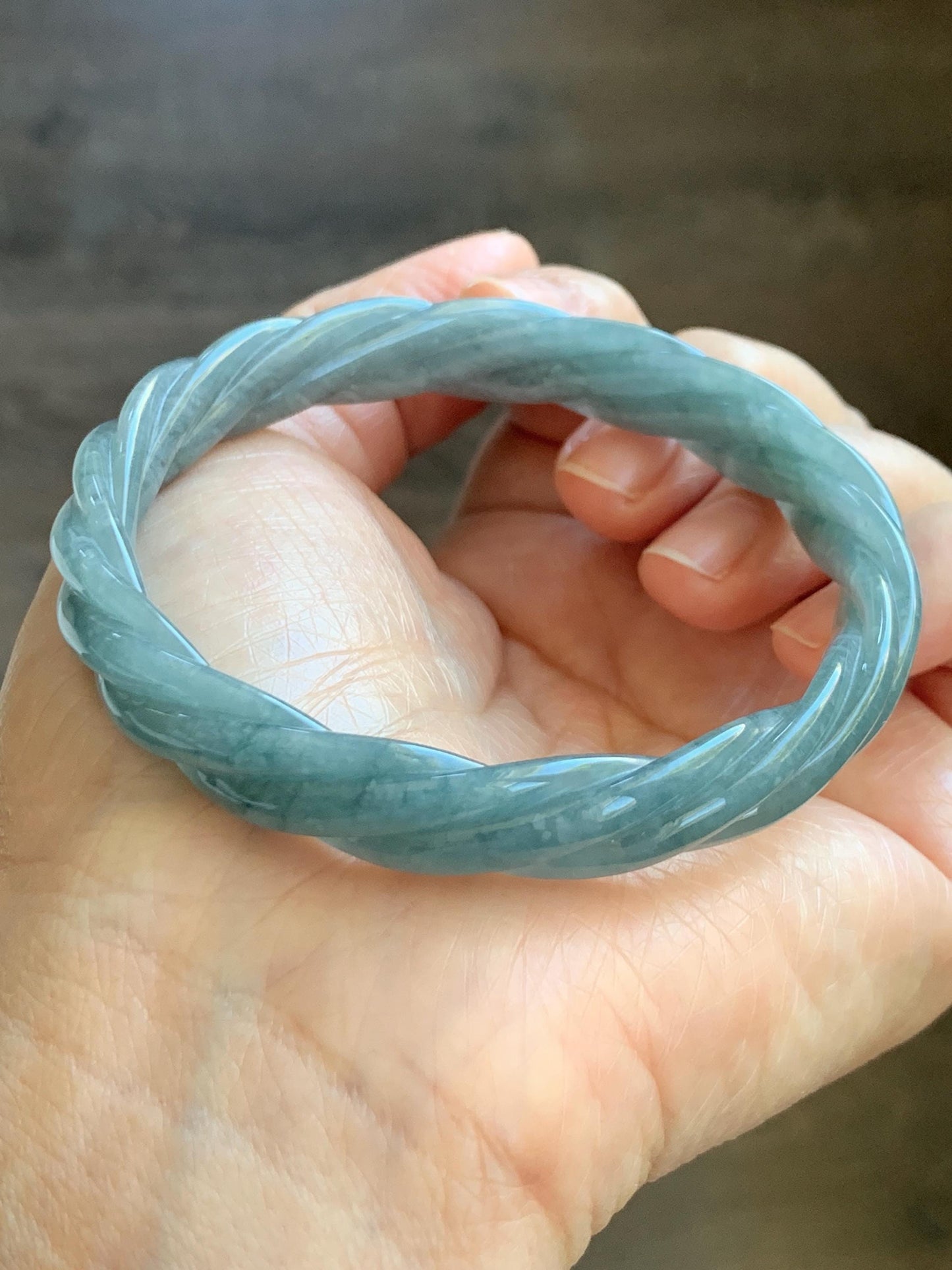 Certified Natural Grade A Guatemalan Icy Translucent Grayish Blue Jade Jadeite Carved Braid Bangle 60.93mm 7.53” 33g 天然冰危淡灰蓝翡翠麻花手镯 474