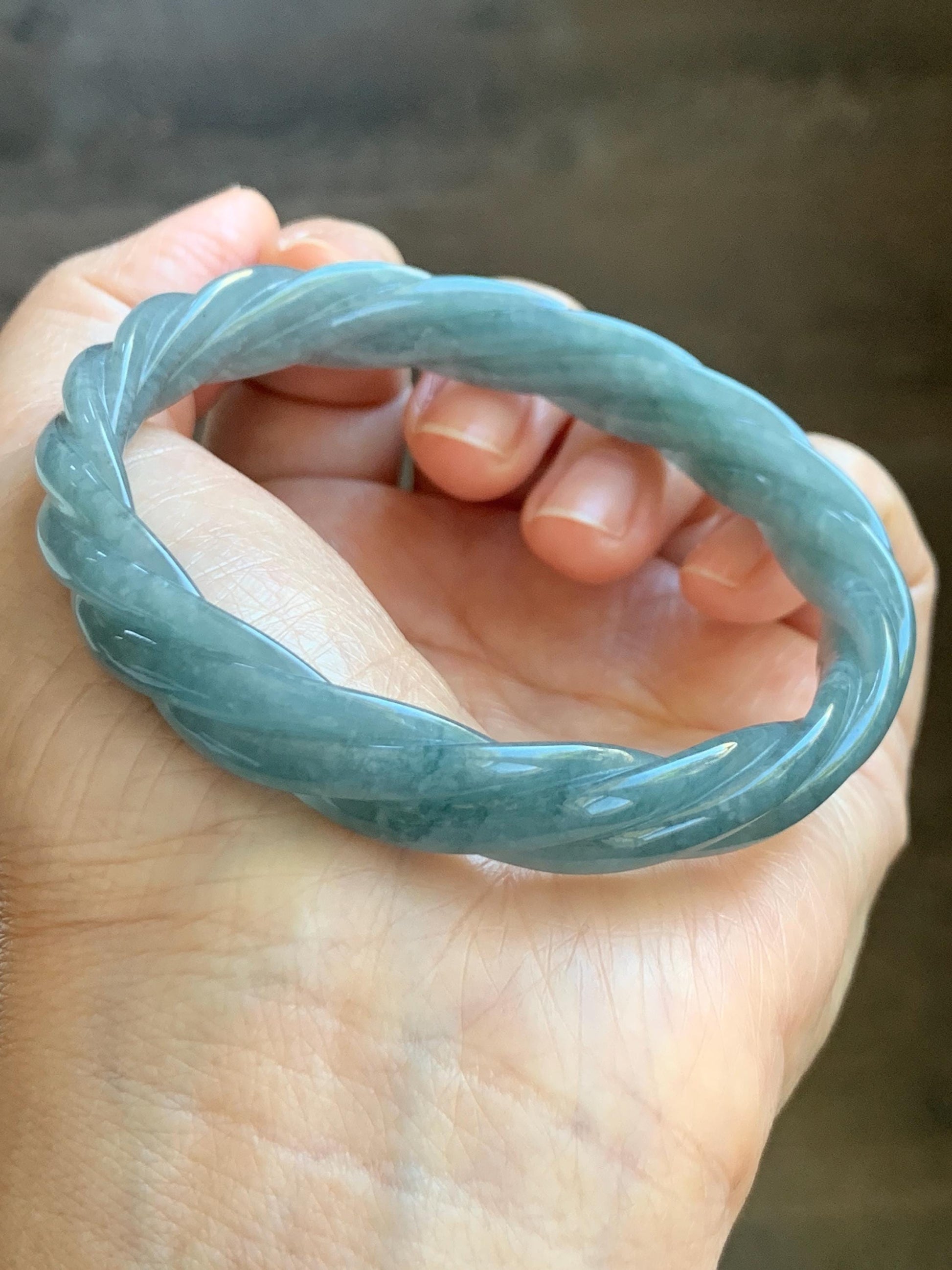 Certified Natural Grade A Guatemalan Icy Translucent Grayish Blue Jade Jadeite Carved Braid Bangle 60.93mm 7.53” 33g 天然冰危淡灰蓝翡翠麻花手镯 474