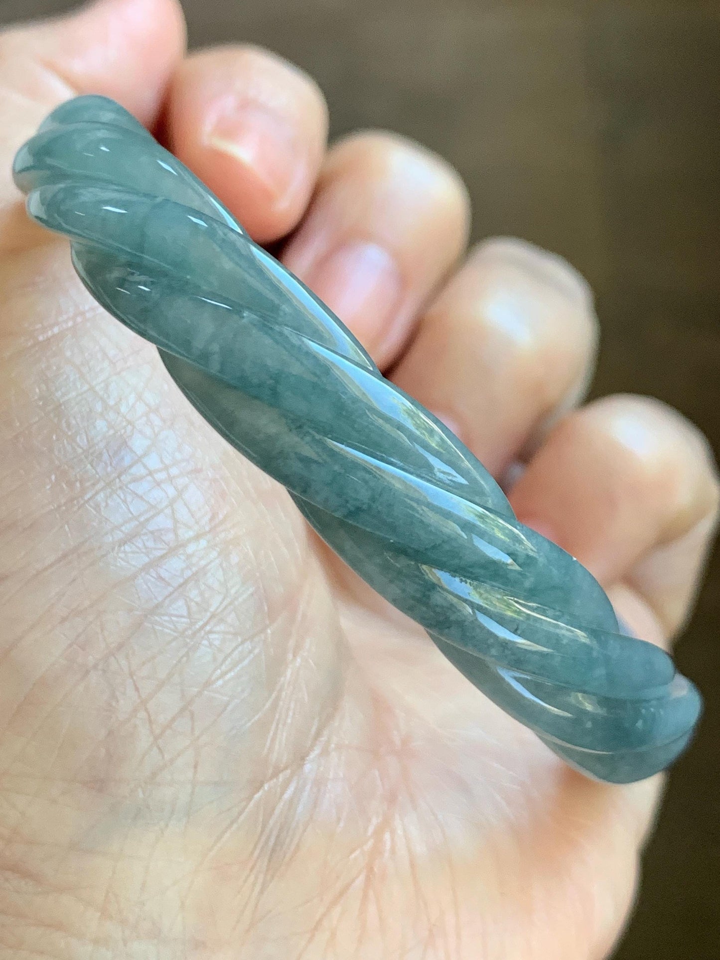 Certified Natural Grade A Guatemalan Icy Translucent Grayish Blue Jade Jadeite Carved Braid Bangle 60.93mm 7.53” 33g 天然冰危淡灰蓝翡翠麻花手镯 474