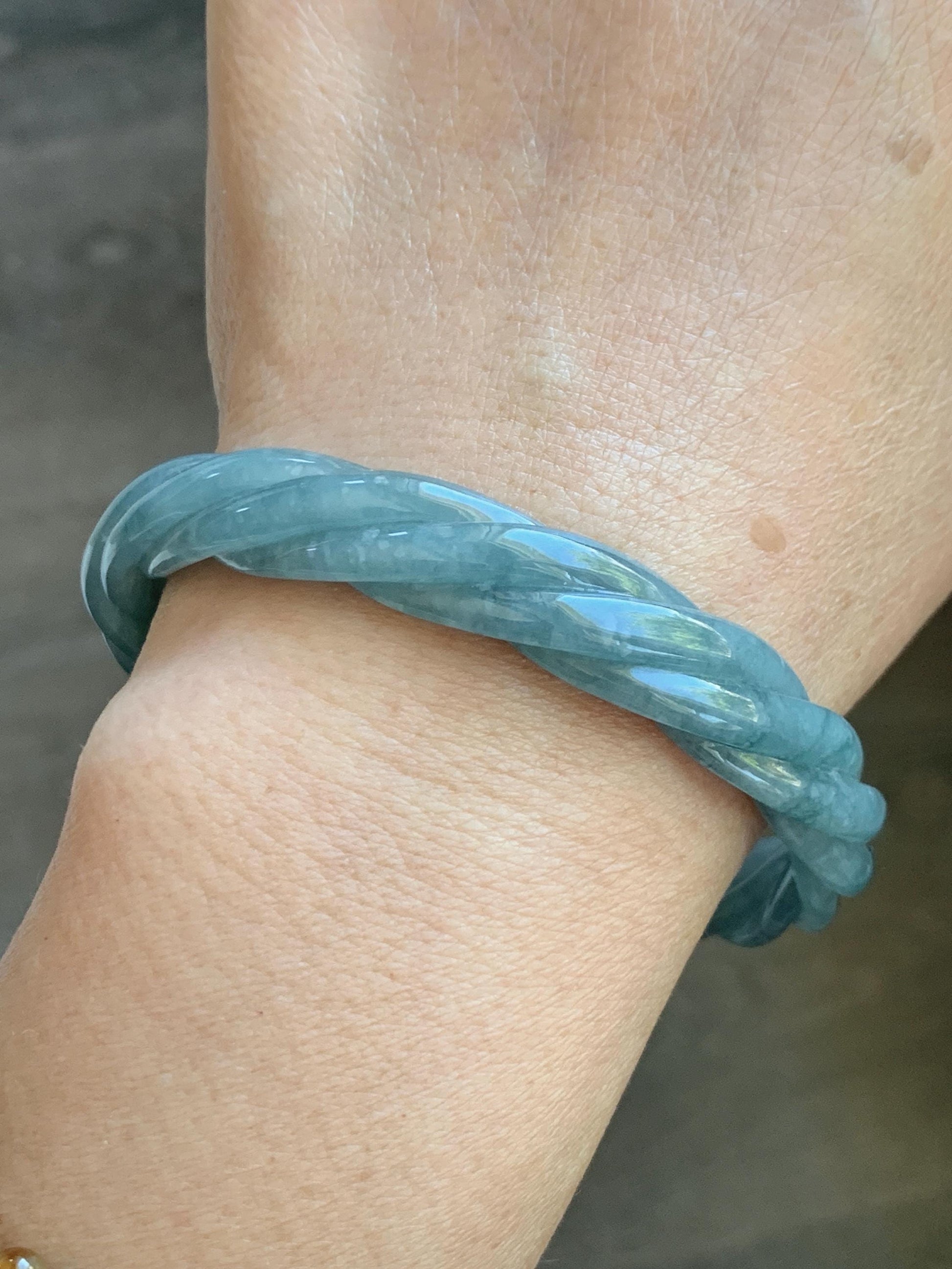 Certified Natural Grade A Guatemalan Icy Translucent Grayish Blue Jade Jadeite Carved Braid Bangle 60.93mm 7.53” 33g 天然冰危淡灰蓝翡翠麻花手镯 474