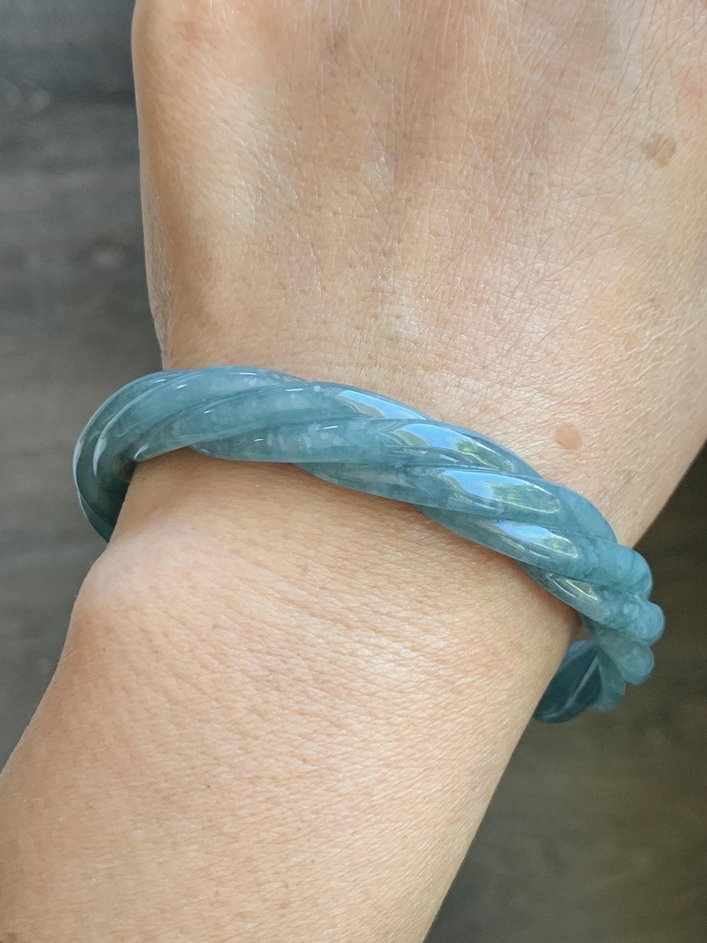 Certified Natural Grade A Guatemalan Icy Translucent Grayish Blue Jade Jadeite Carved Braid Bangle 60.93mm 7.53” 33g 天然冰危淡灰蓝翡翠麻花手镯 474