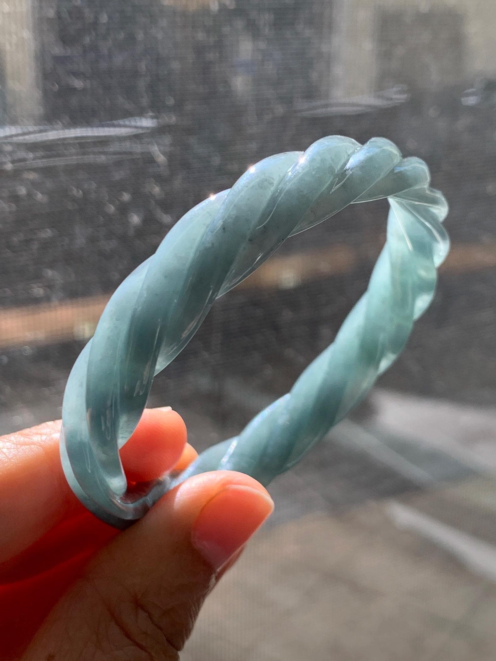 Certified Natural Grade A Guatemalan Icy Translucent Dusty Teal Blue Jade Jadeite Carved Braid Oval Bangle 58.3x54.7mm 天然冰危暗蓝翡翠麻花贵妃手镯 471