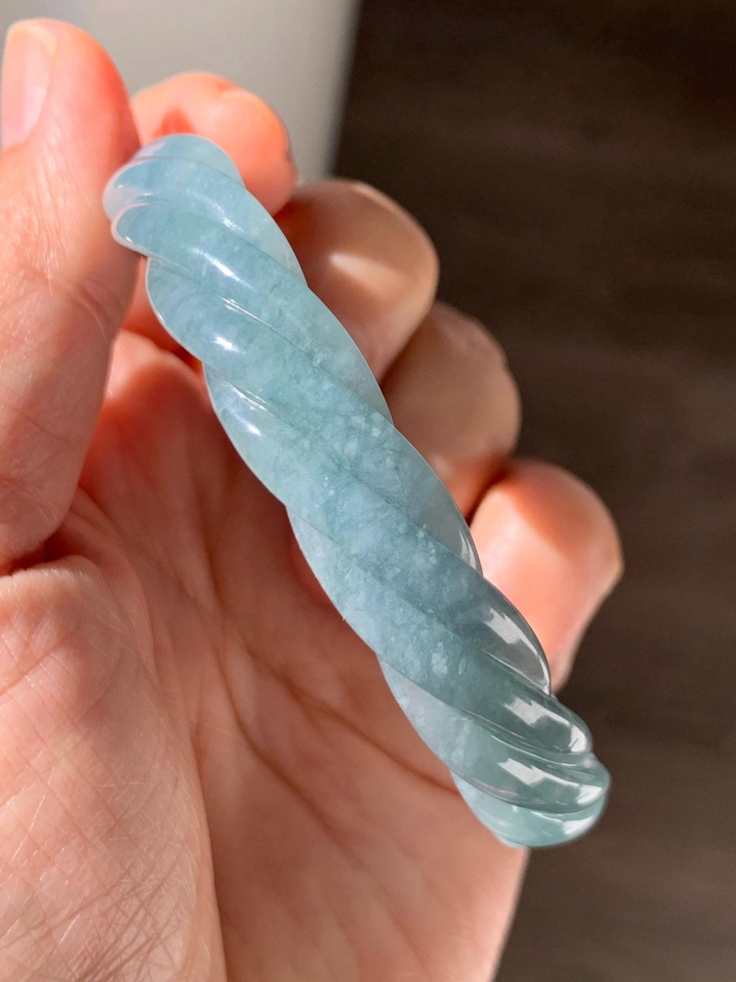 Certified Natural Grade A Guatemalan Icy Translucent Dusty Teal Blue Jade Jadeite Carved Braid Oval Bangle 58.3x54.7mm 天然冰危暗蓝翡翠麻花贵妃手镯 471