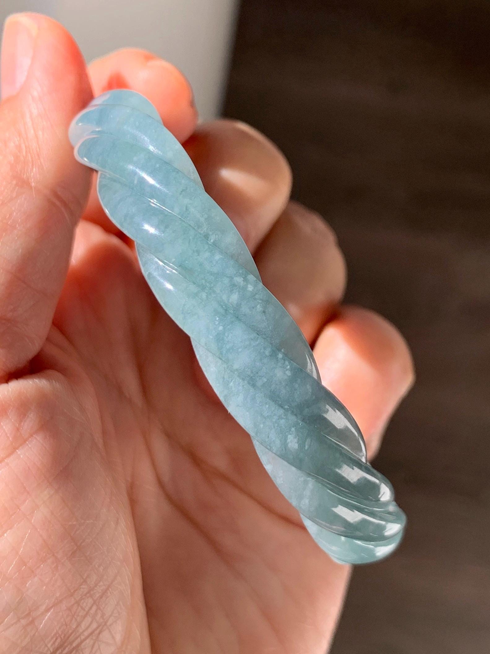 Certified Natural Grade A Guatemalan Icy Translucent Dusty Teal Blue Jade Jadeite Carved Braid Oval Bangle 58.3x54.7mm 天然冰危暗蓝翡翠麻花贵妃手镯 471