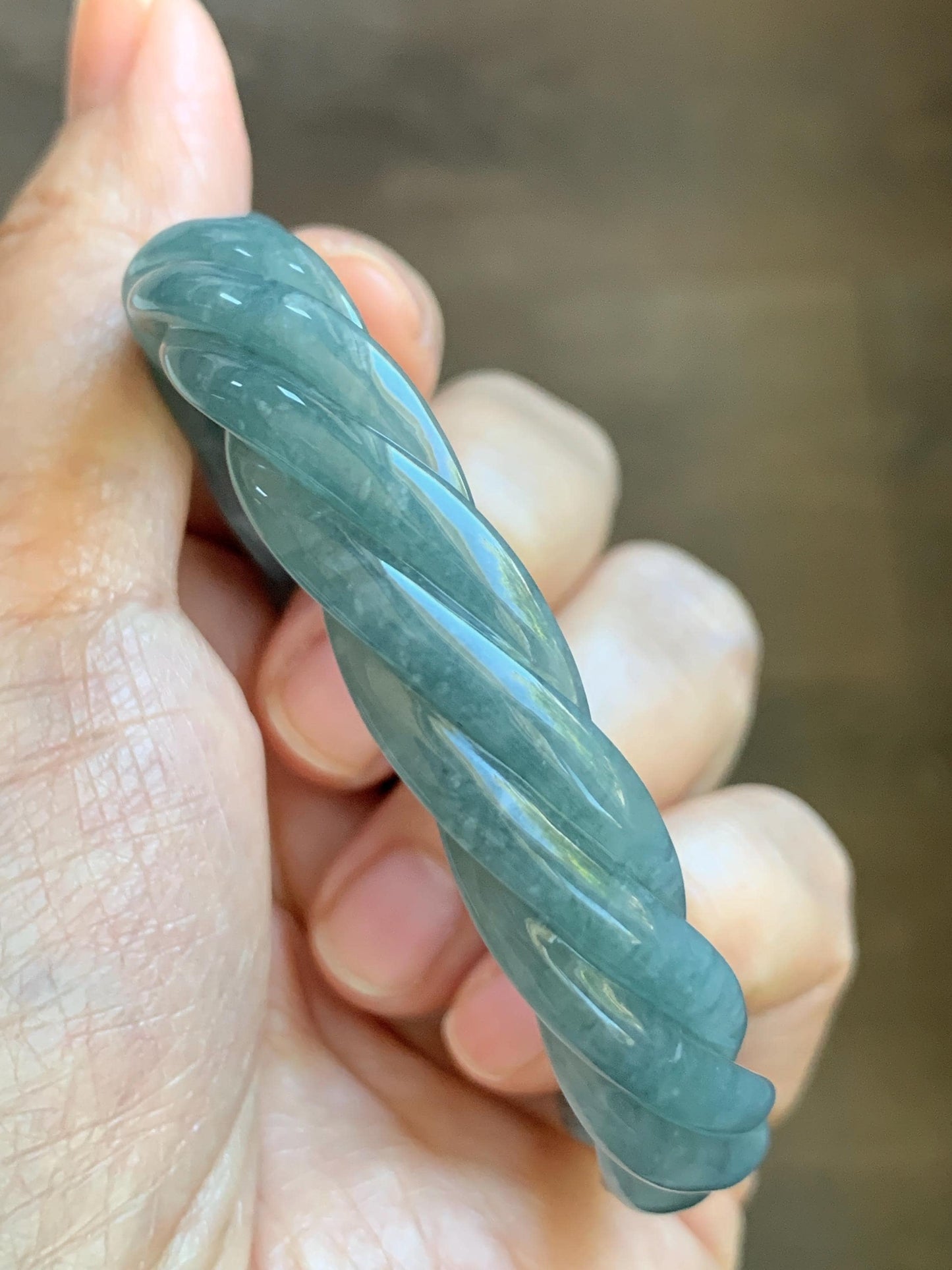Certified Natural Grade A Guatemalan Icy Translucent Dusty Teal Blue Jade Jadeite Carved Braid Oval Bangle 58.3x54.7mm 天然冰危暗蓝翡翠麻花贵妃手镯 471