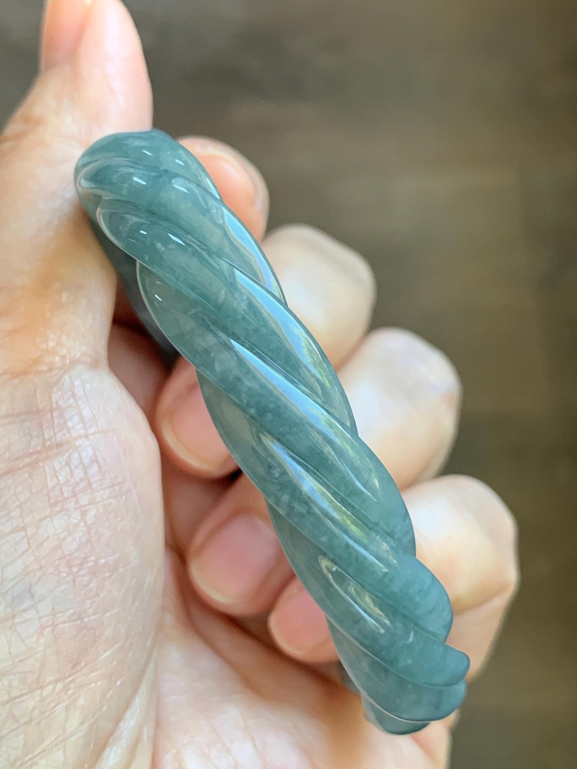 Certified Natural Grade A Guatemalan Icy Translucent Dusty Teal Blue Jade Jadeite Carved Braid Oval Bangle 58.3x54.7mm 天然冰危暗蓝翡翠麻花贵妃手镯 471