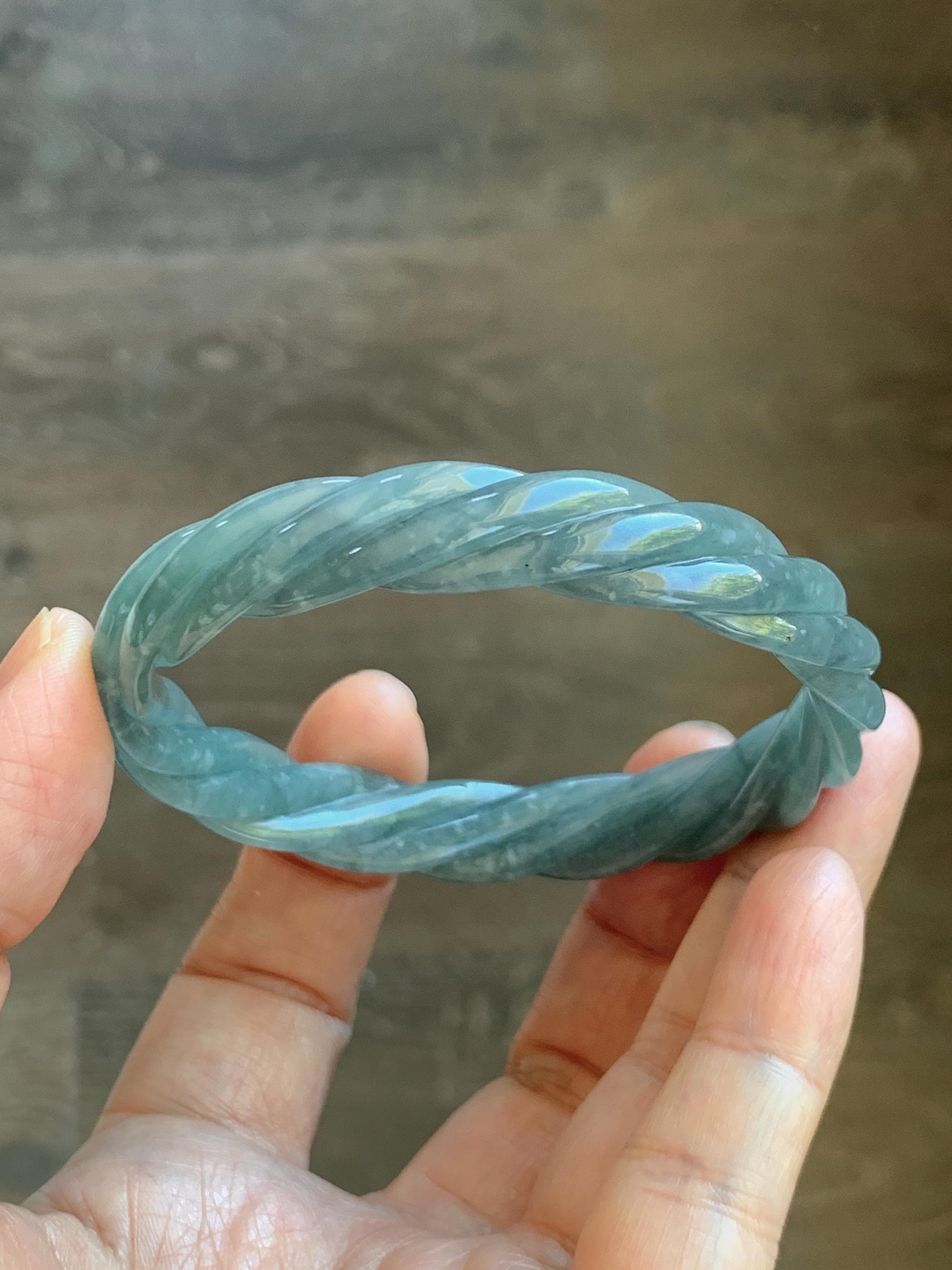 Certified Natural Grade A Guatemalan Icy Translucent Dusty Teal Blue Jade Jadeite Carved Braid Oval Bangle 58.3x54.7mm 天然冰危暗蓝翡翠麻花贵妃手镯 471
