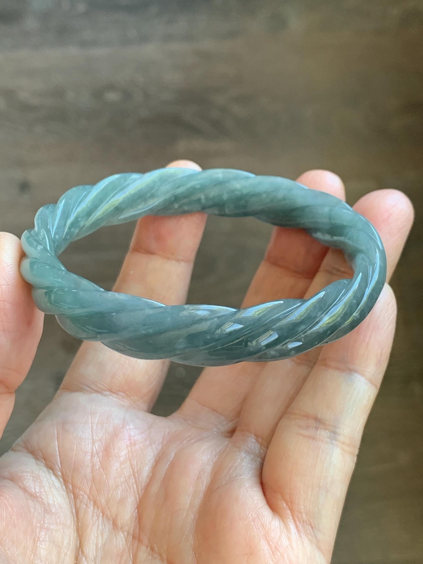 Certified Natural Grade A Guatemalan Icy Translucent Dusty Teal Blue Jade Jadeite Carved Braid Oval Bangle 58.3x54.7mm 天然冰危暗蓝翡翠麻花贵妃手镯 471