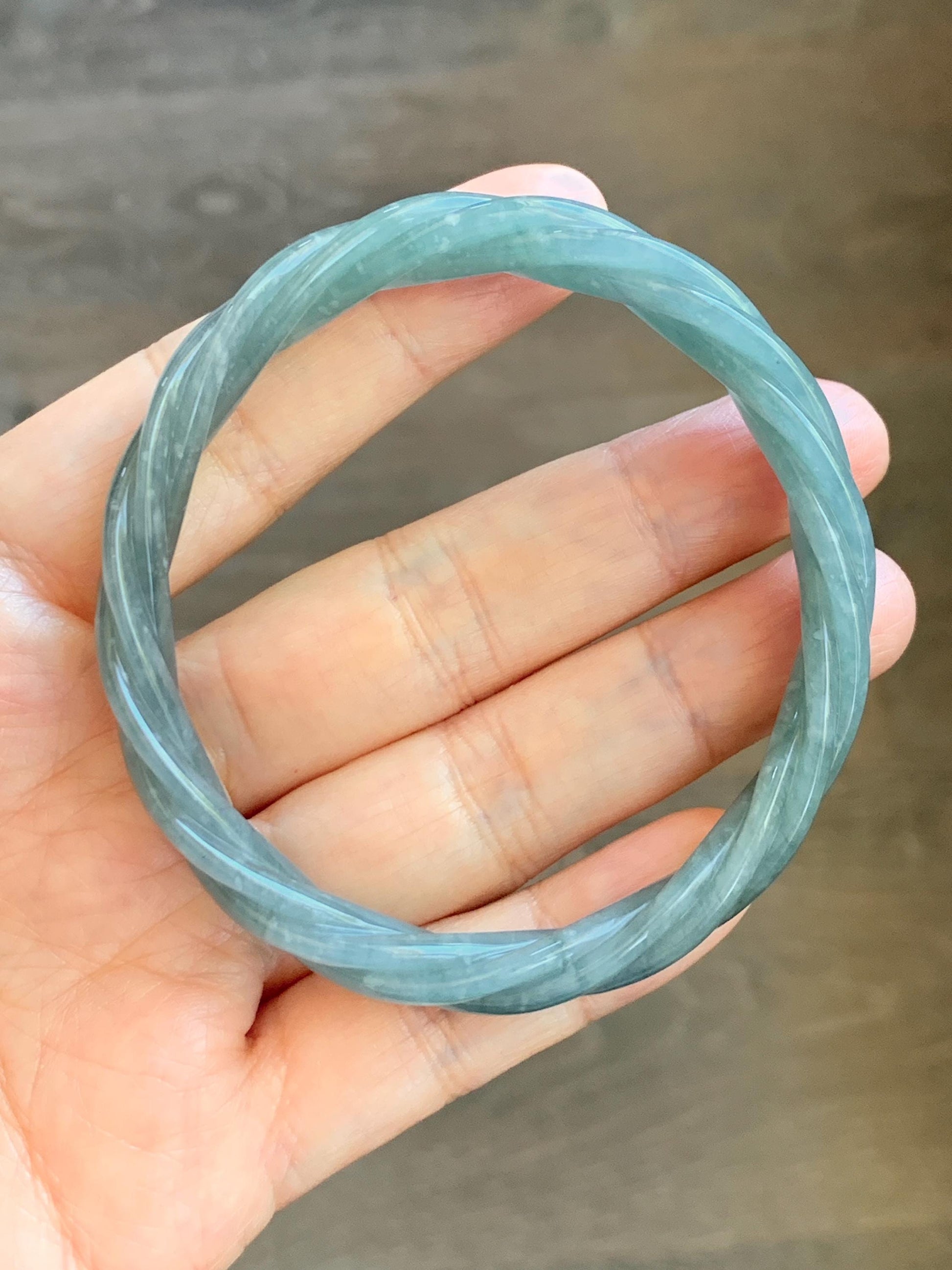 Certified Natural Grade A Guatemalan Icy Translucent Dusty Teal Blue Jade Jadeite Carved Braid Oval Bangle 58.3x54.7mm 天然冰危暗蓝翡翠麻花贵妃手镯 471