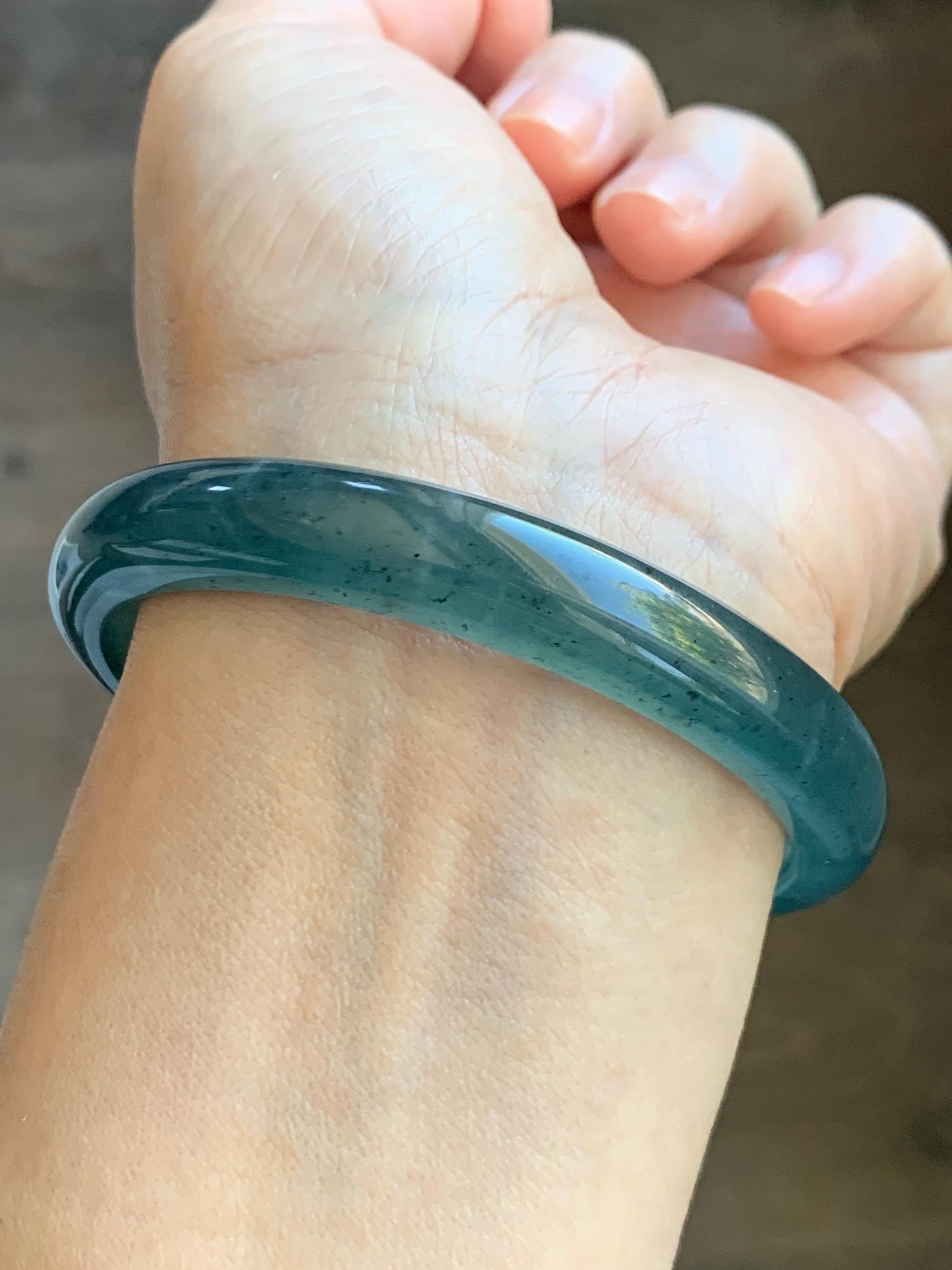 Certified Natural Grade A Guatemalan Icy Translucent Dark Teal Blue Jade Jadeite Wide Bangle 59.66mm 7.37” 39g 天然冰危深蓝绿翡翠正圈宽版手镯 521