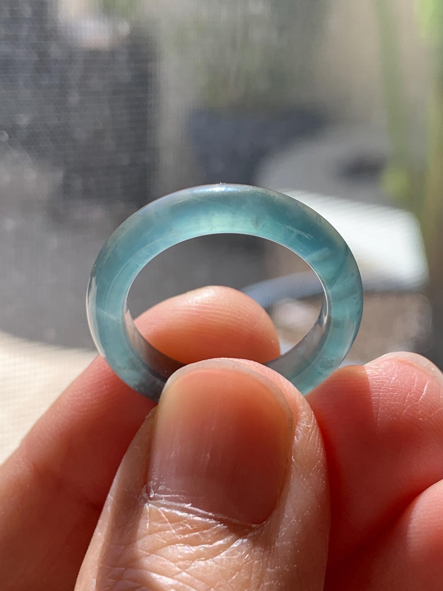 Certified Natural Grade A Guatemalan Icy Highly Translucent Dark Teal Blue Jade Jadeite Band Ring Size 6.75 US Comfort Fit 天然冰胶危蓝绿翡翠戒圈 447