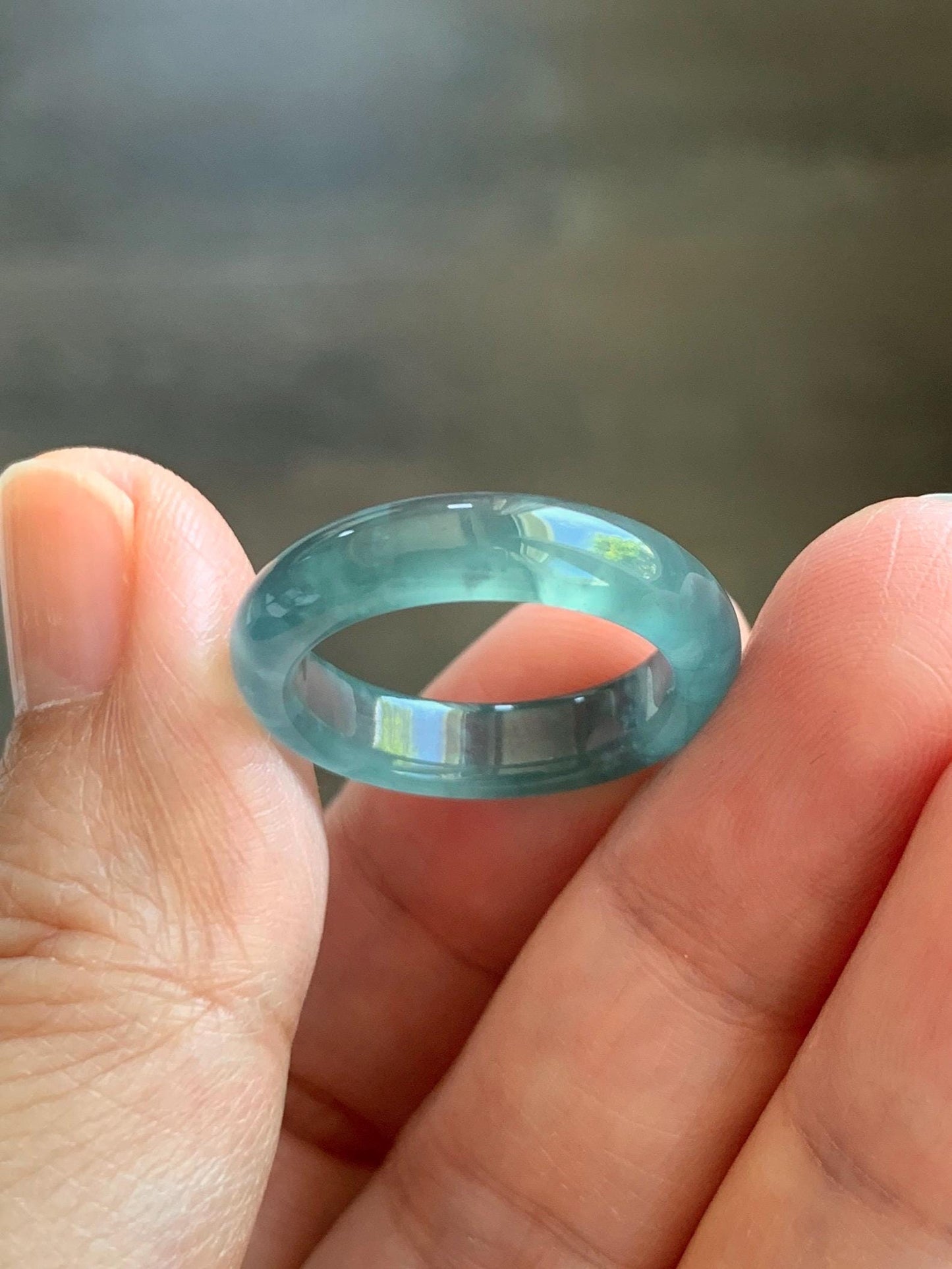 Certified Natural Grade A Guatemalan Icy Highly Translucent Dark Teal Blue Jade Jadeite Band Ring Size 6.75 US Comfort Fit 天然冰胶危蓝绿翡翠戒圈 447
