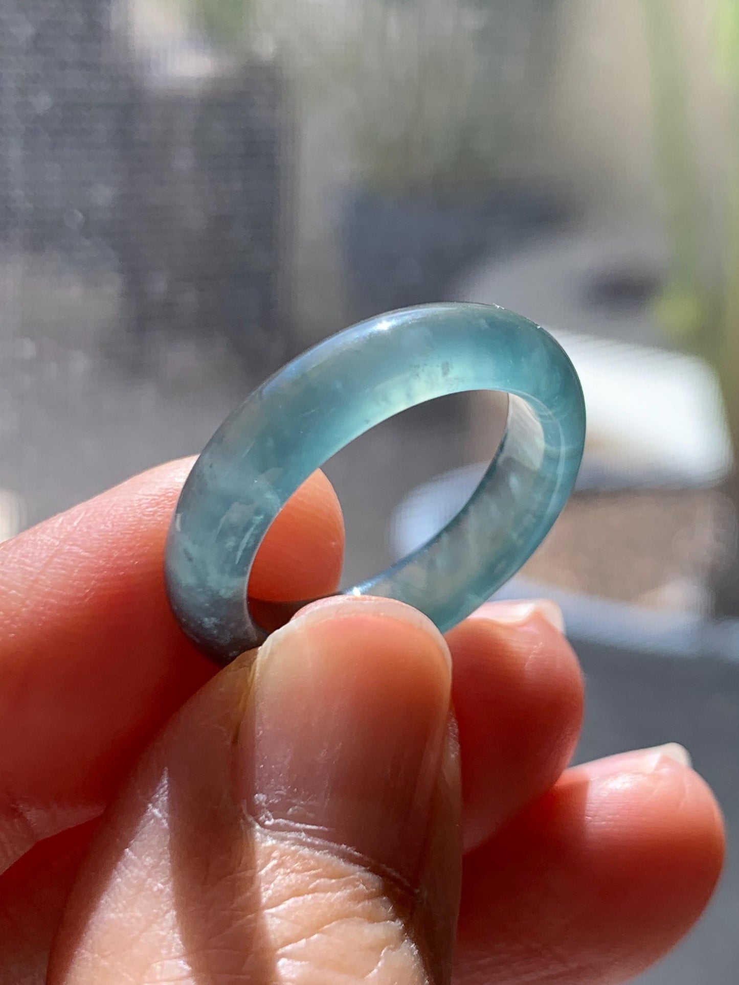 Certified Natural Grade A Guatemalan Icy Highly Translucent Dark Teal Blue Jade Jadeite Band Ring Size 6.75 US Comfort Fit 天然冰胶危蓝绿翡翠戒圈 447