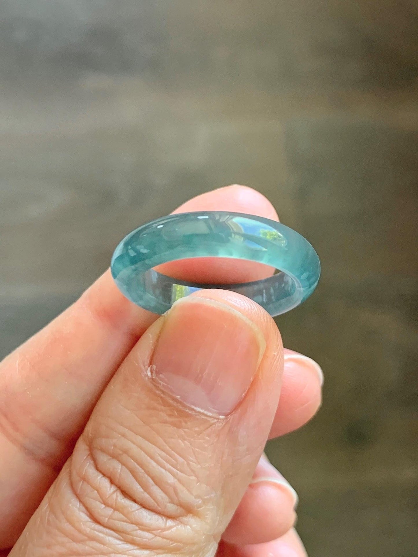 Certified Natural Grade A Guatemalan Icy Highly Translucent Dark Teal Blue Jade Jadeite Band Ring Size 6.75 US Comfort Fit 天然冰胶危蓝绿翡翠戒圈 447