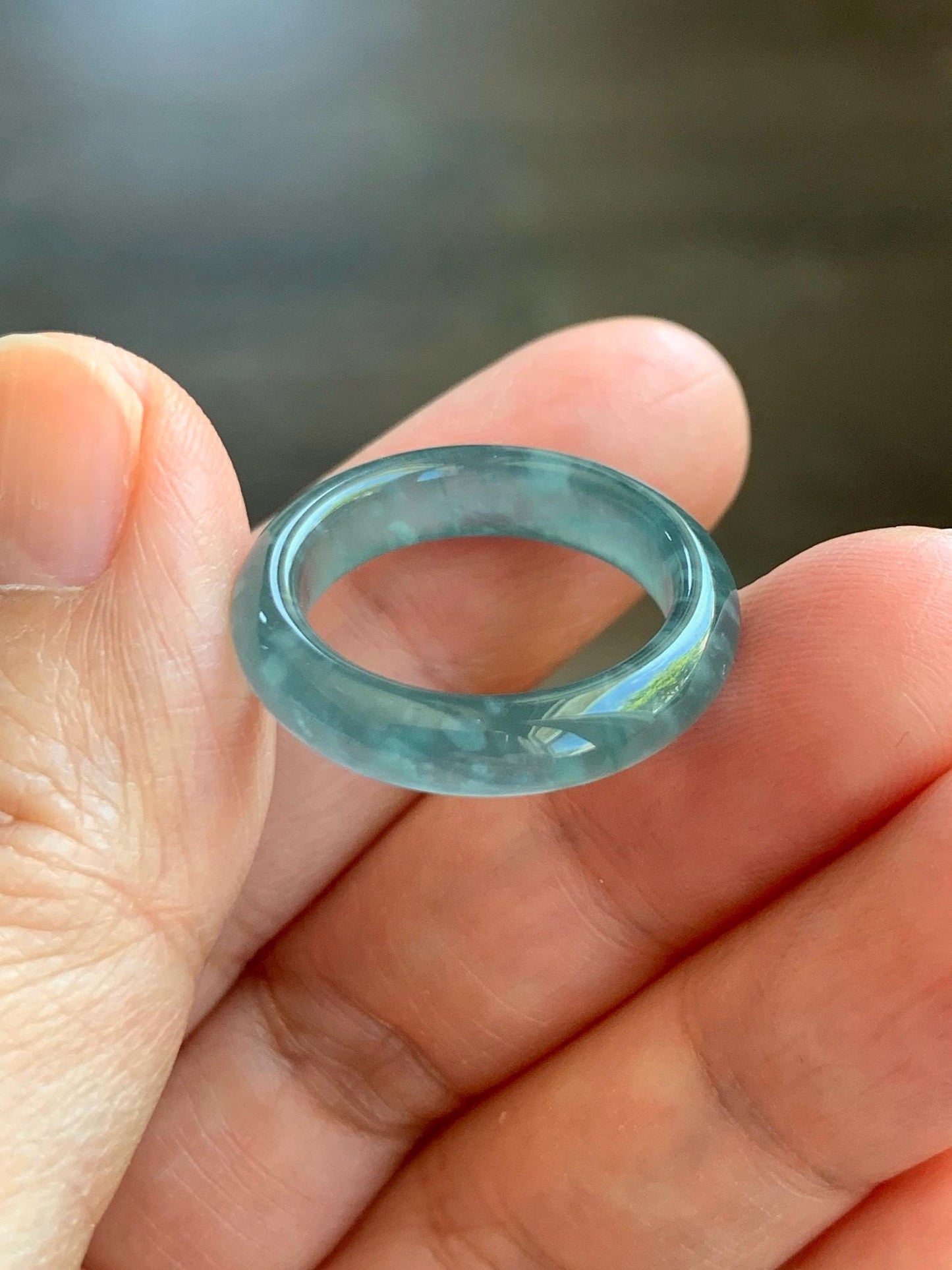 Certified Natural Grade A Guatemalan Icy Highly Translucent Dark Teal Blue Jade Jadeite Band Ring Size 6.75 US Comfort Fit 天然冰胶危蓝绿翡翠戒圈 447