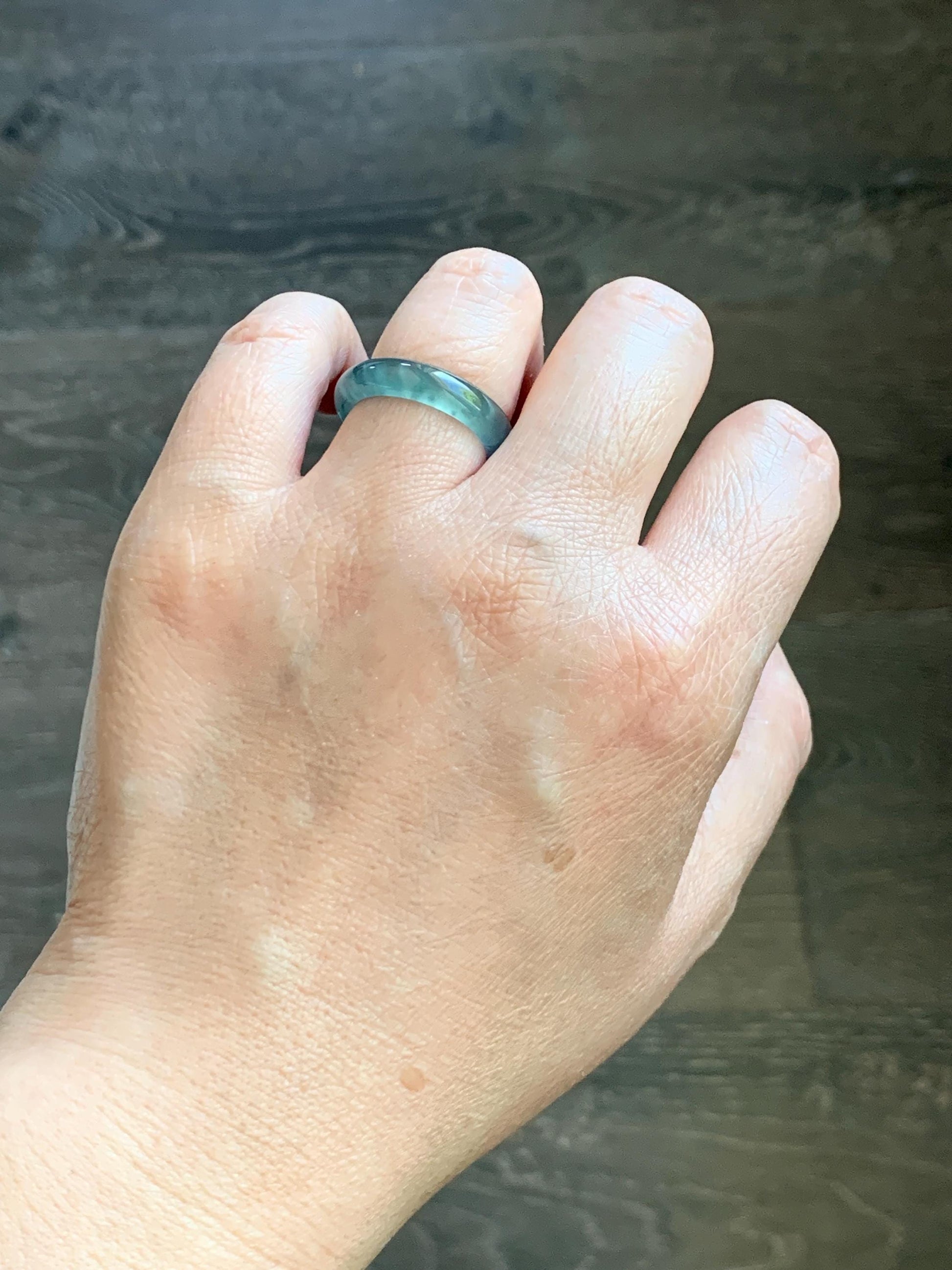 Certified Natural Grade A Guatemalan Icy Highly Translucent Dark Teal Blue Jade Jadeite Band Ring Size 6.75 US Comfort Fit 天然冰胶危蓝绿翡翠戒圈 447