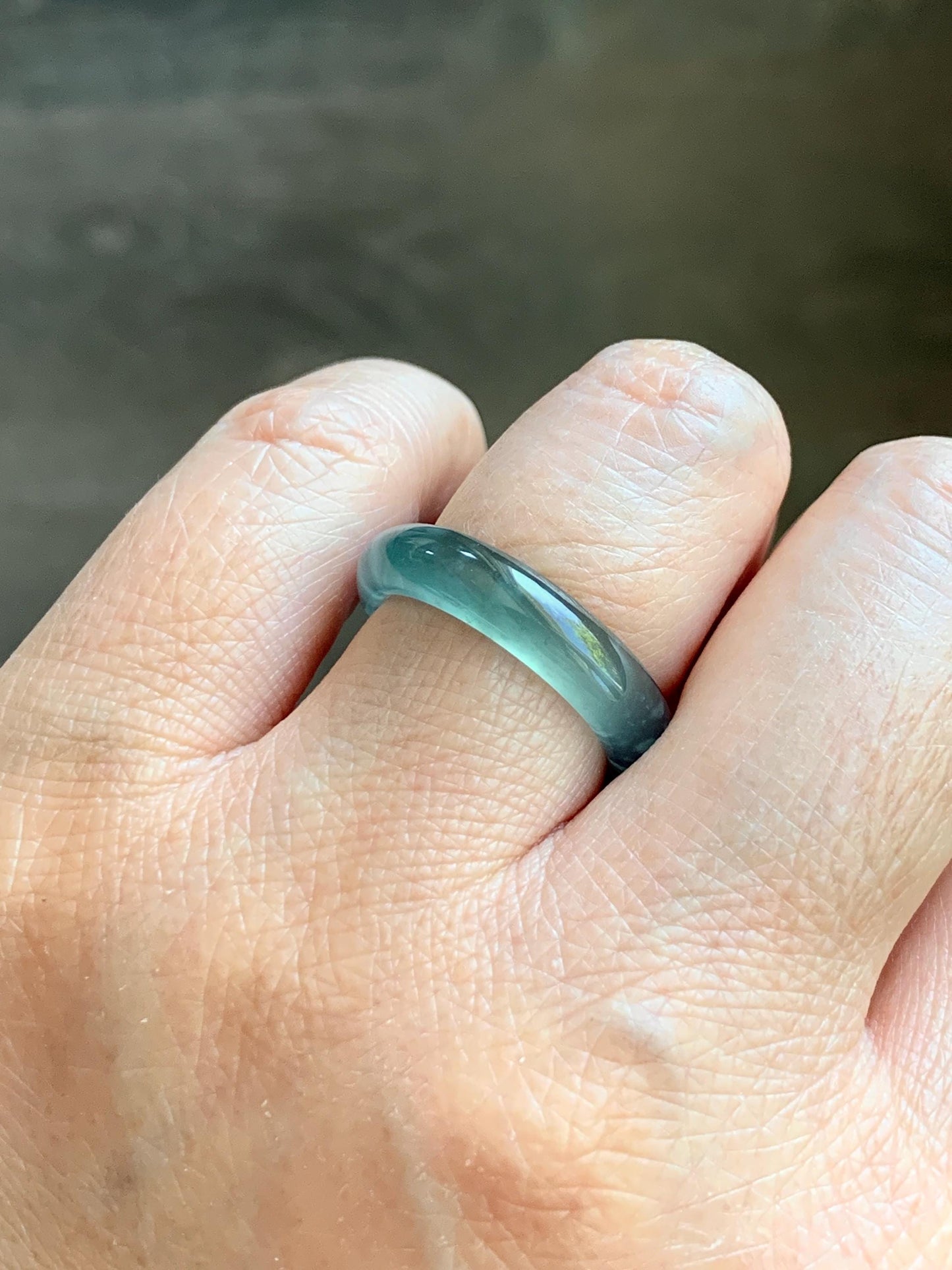 Certified Natural Grade A Guatemalan Icy Highly Translucent Dark Teal Blue Jade Jadeite Band Ring Size 6.75 US Comfort Fit 天然冰胶危蓝绿翡翠戒圈 447