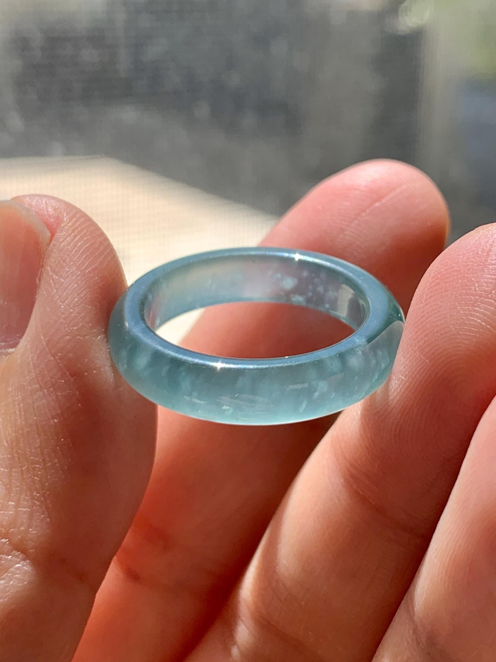 Certified Natural Grade A Guatemalan Icy Highly Translucent Dark Teal Blue Jade Jadeite Band Ring Size 6.25 US Comfort Fit 天然冰胶危蓝绿翡翠戒圈 446
