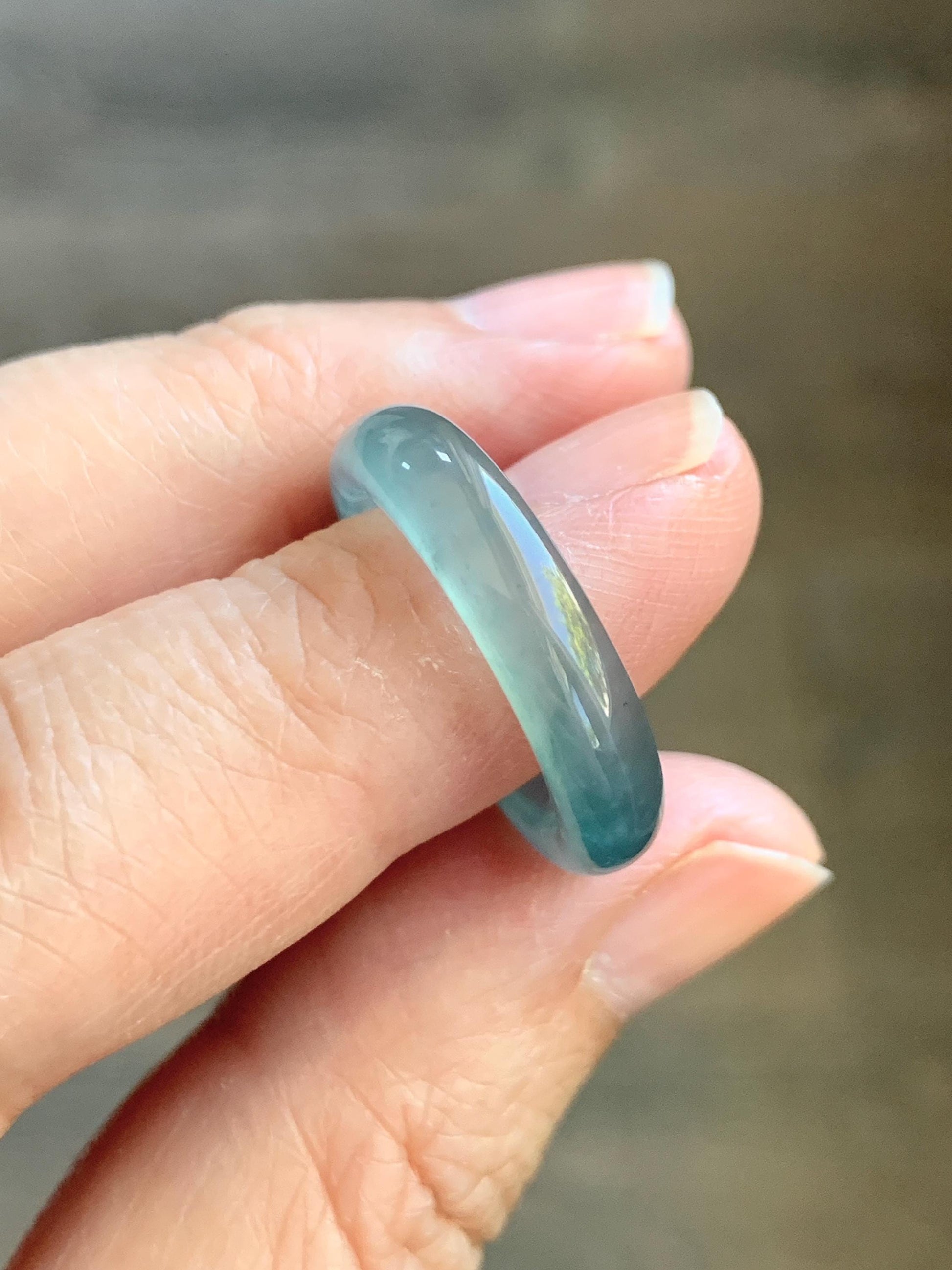 Certified Natural Grade A Guatemalan Icy Highly Translucent Dark Teal Blue Jade Jadeite Band Ring Size 6.25 US Comfort Fit 天然冰胶危蓝绿翡翠戒圈 446