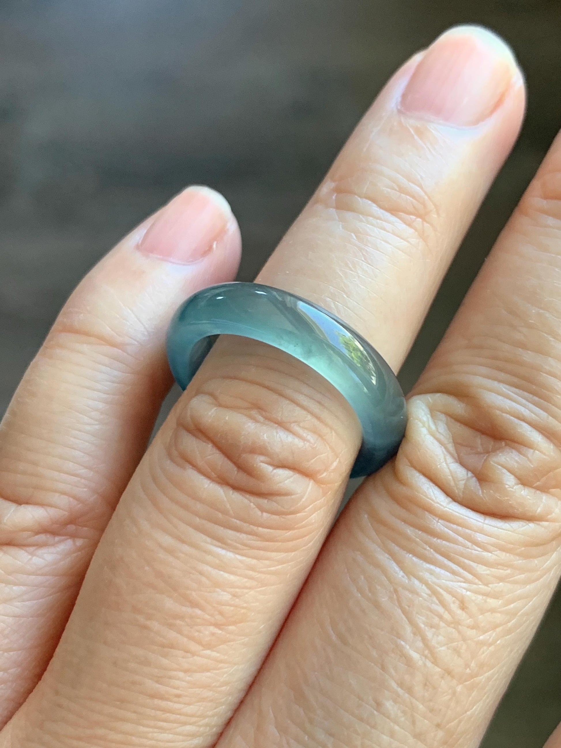 Certified Natural Grade A Guatemalan Icy Highly Translucent Dark Teal Blue Jade Jadeite Band Ring Size 6.25 US Comfort Fit 天然冰胶危蓝绿翡翠戒圈 446