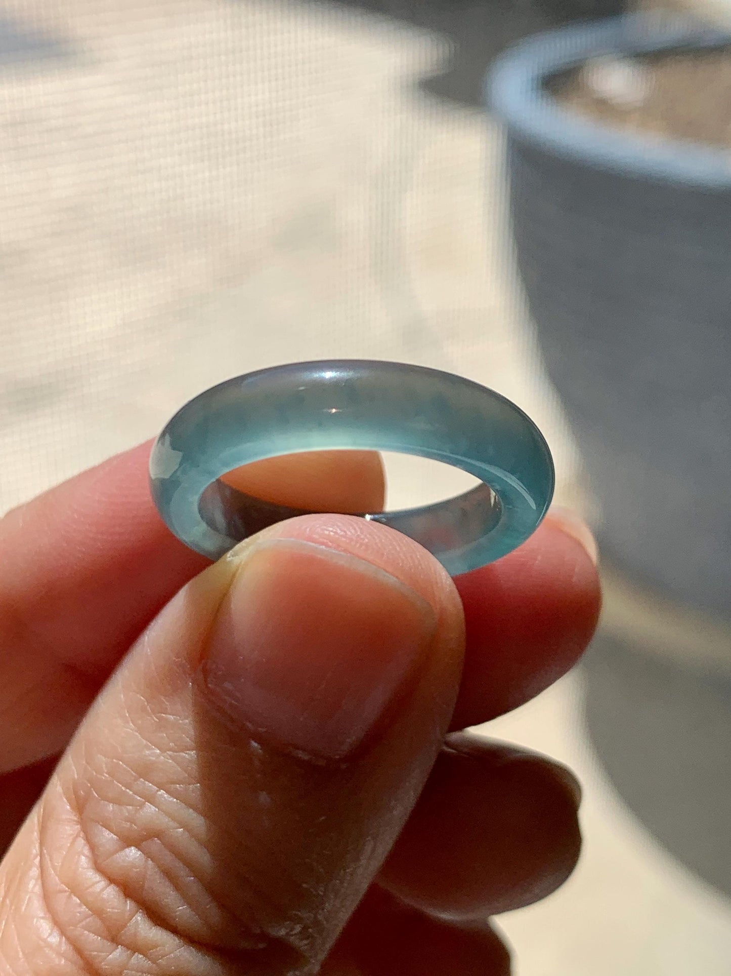Certified Natural Grade A Guatemalan Icy Highly Translucent Dark Teal Blue Jade Jadeite Band Ring Size 6.25 US Comfort Fit 天然冰胶危蓝绿翡翠戒圈 446