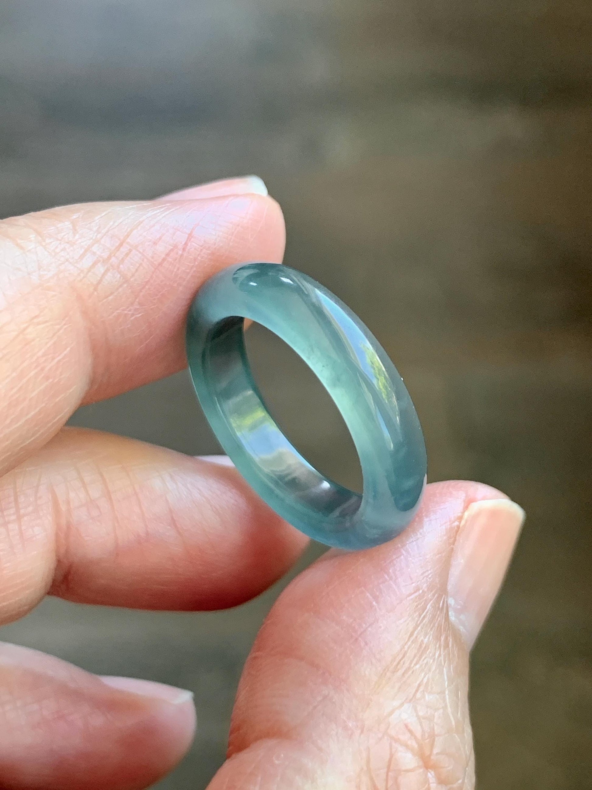 Certified Natural Grade A Guatemalan Icy Highly Translucent Dark Teal Blue Jade Jadeite Band Ring Size 6.25 US Comfort Fit 天然冰胶危蓝绿翡翠戒圈 446