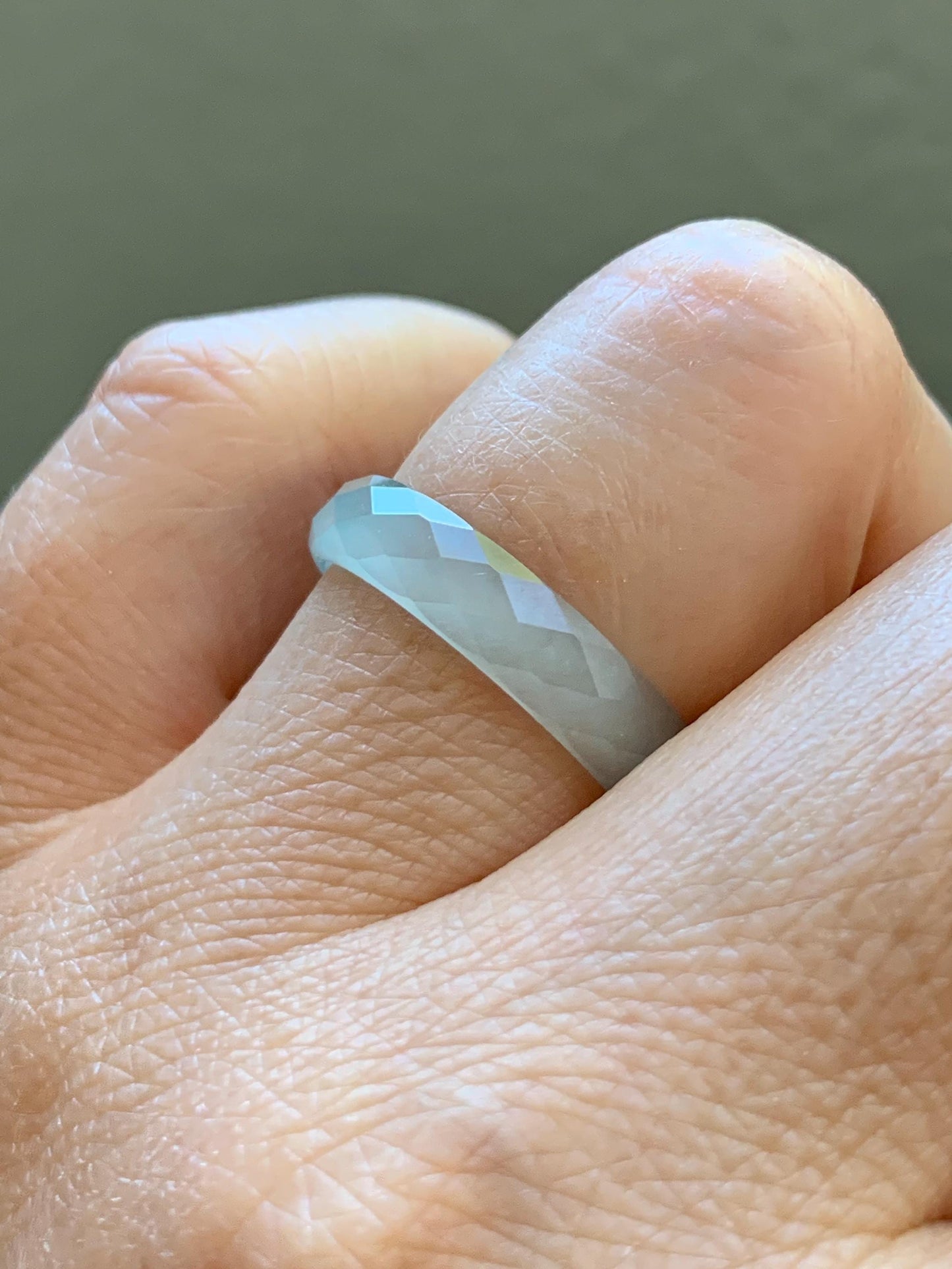 Natural Grade A Guatemalan Icy Highly Translucent Pale Teal Jade Jadeite Diamond Faceted Band Ring Size 8.25 US 天然冰危浅蓝绿翡翠切割面戒圈戒指 WQD110A