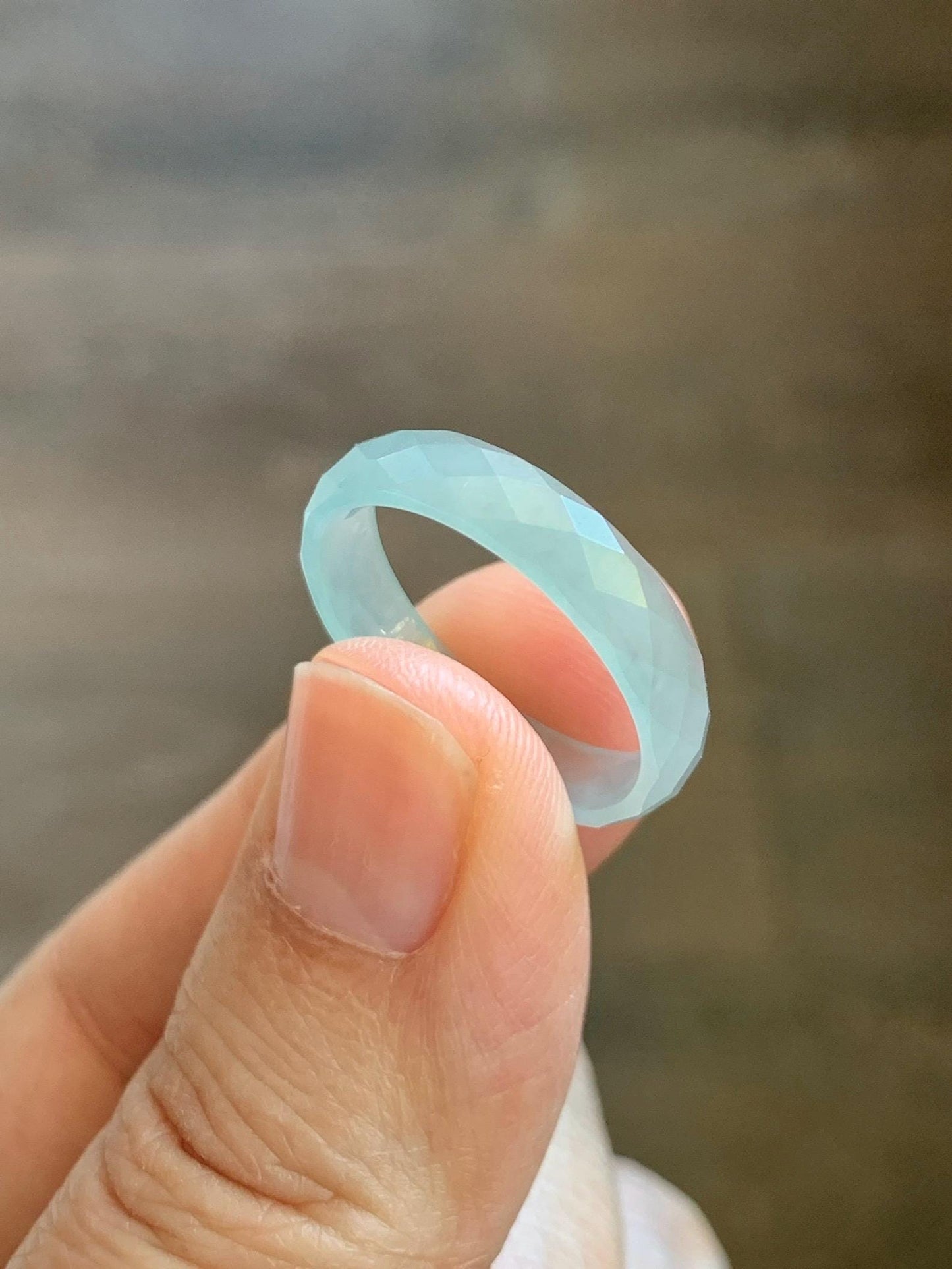 Natural Grade A Guatemalan Icy Highly Translucent Pale Teal Jade Jadeite Diamond Faceted Band Ring Size 8.25 US 天然冰危浅蓝绿翡翠切割面戒圈戒指 WQD110A