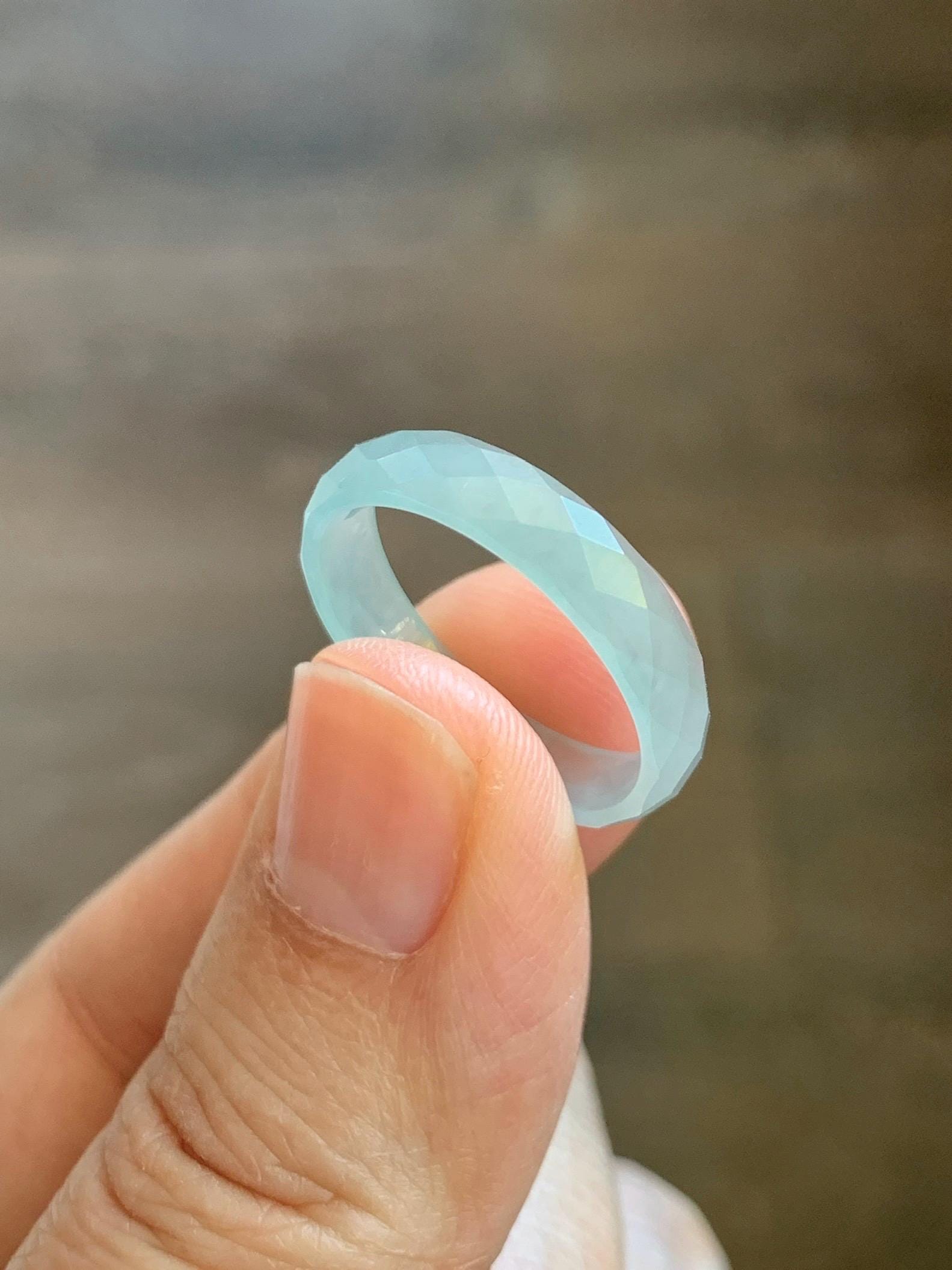 Natural Grade A Guatemalan Icy Highly Translucent Pale Teal Jade Jadeite Diamond Faceted Band Ring Size 8.25 US 天然冰危浅蓝绿翡翠切割面戒圈戒指 WQD110A