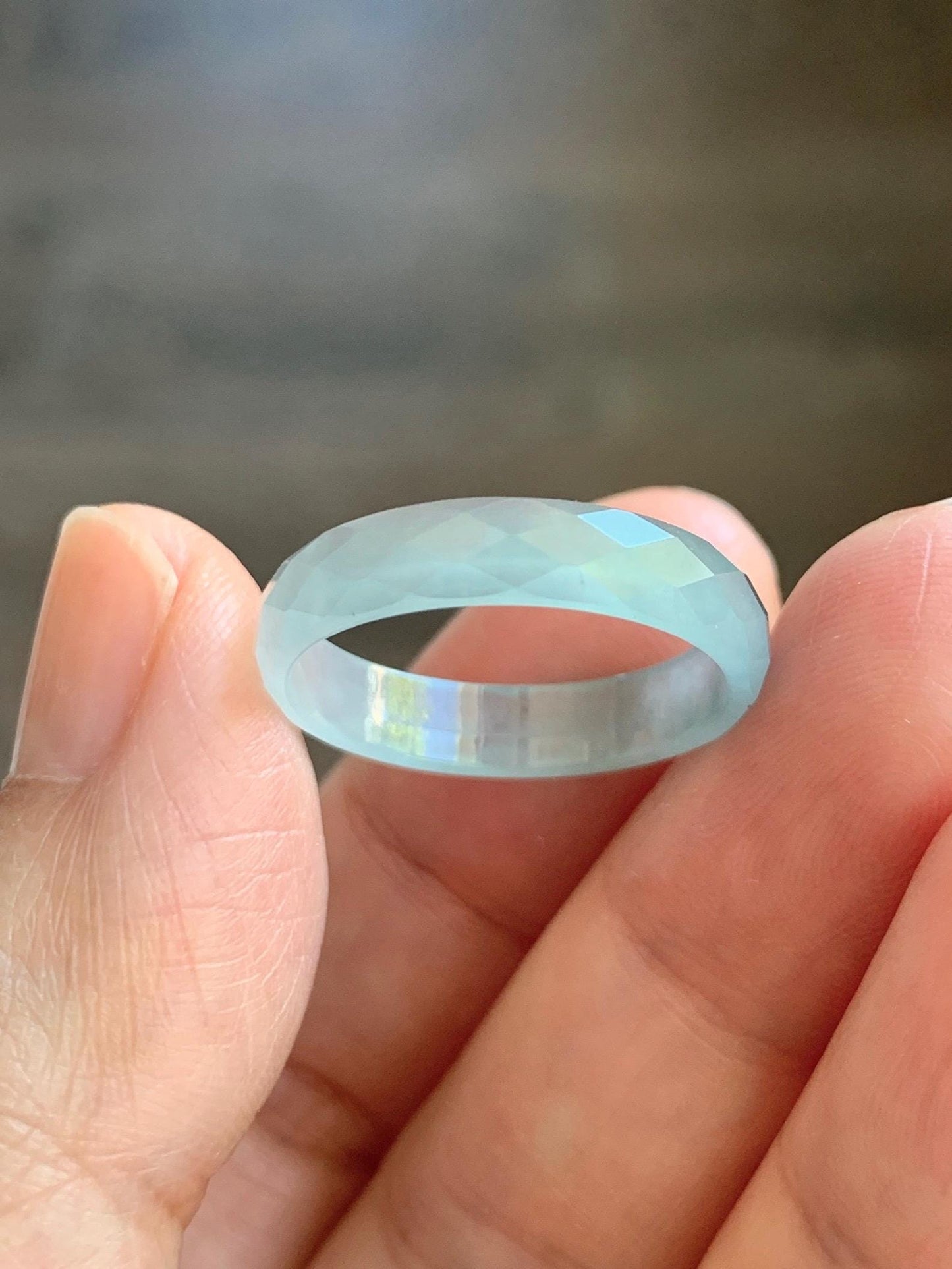 Natural Grade A Guatemalan Icy Highly Translucent Pale Teal Jade Jadeite Diamond Faceted Band Ring Size 8.25 US 天然冰危浅蓝绿翡翠切割面戒圈戒指 WQD110A
