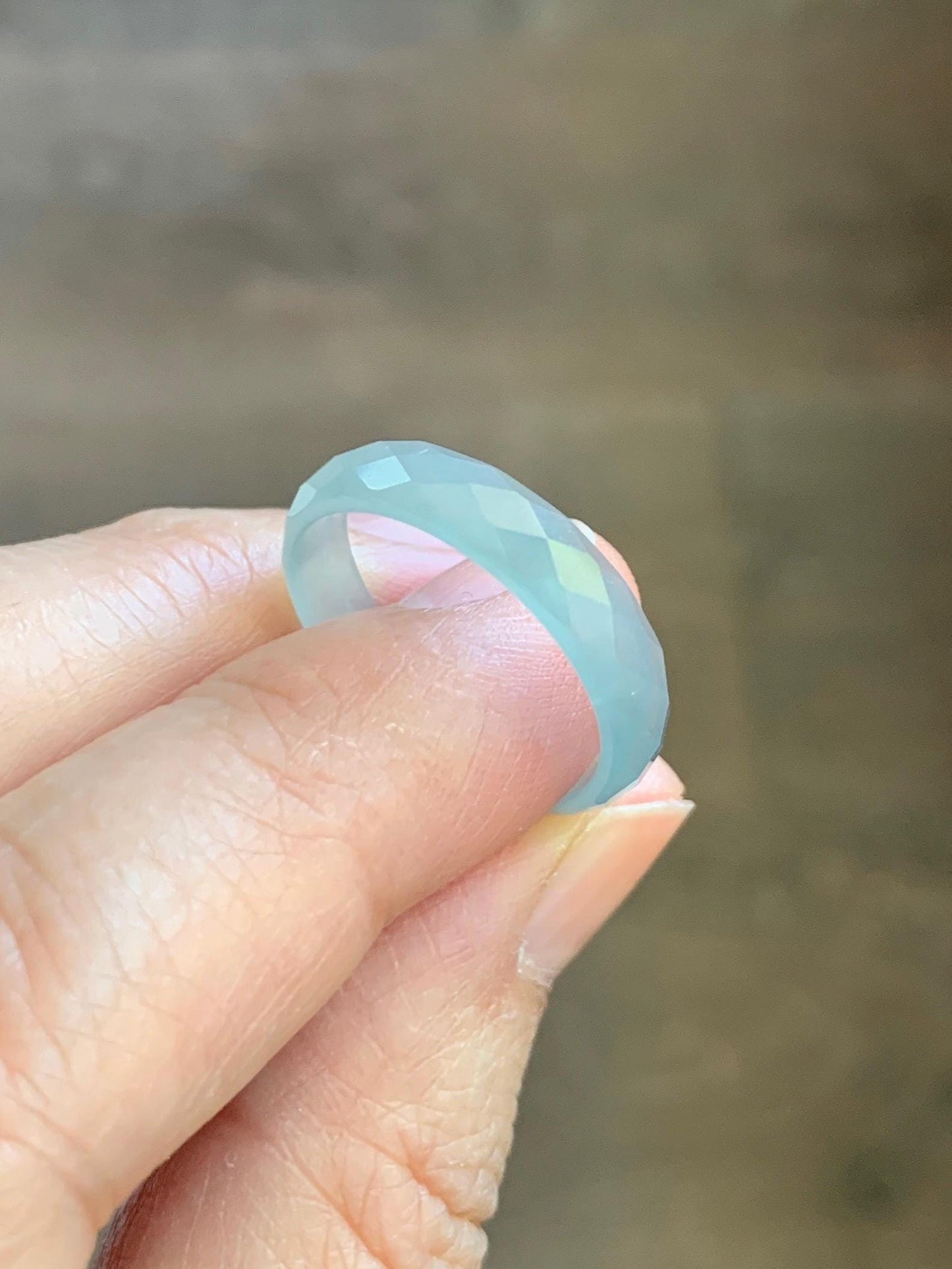 Natural Grade A Guatemalan Icy Highly Translucent Pale Teal Jade Jadeite Diamond Faceted Band Ring Size 8.25 US 天然冰危浅蓝绿翡翠切割面戒圈戒指 WQD110A