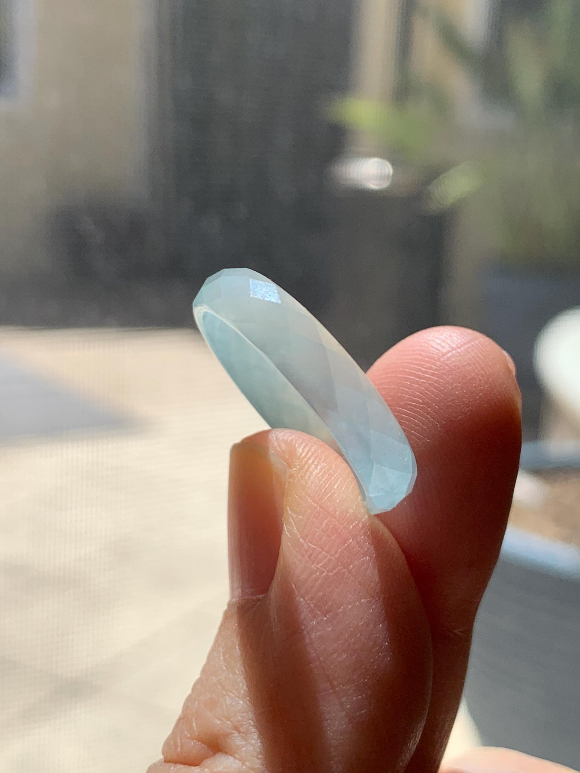 Natural Grade A Guatemalan Icy Highly Translucent Pale Teal Jade Jadeite Diamond Faceted Band Ring Size 8.25 US 天然冰危浅蓝绿翡翠切割面戒圈戒指 WQD110A