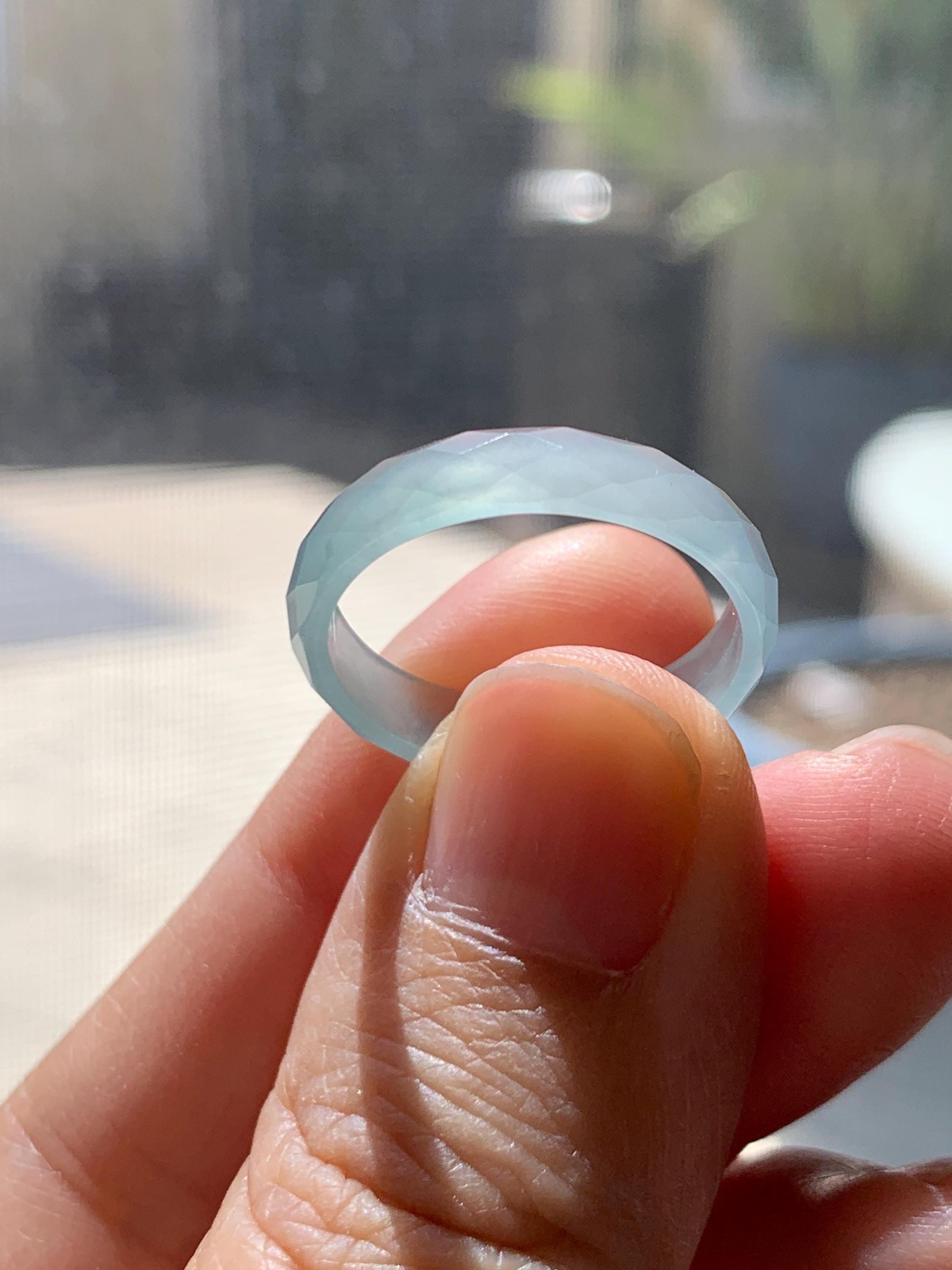 Natural Grade A Guatemalan Icy Highly Translucent Pale Teal Jade Jadeite Diamond Faceted Band Ring Size 8.25 US 天然冰危浅蓝绿翡翠切割面戒圈戒指 WQD110A