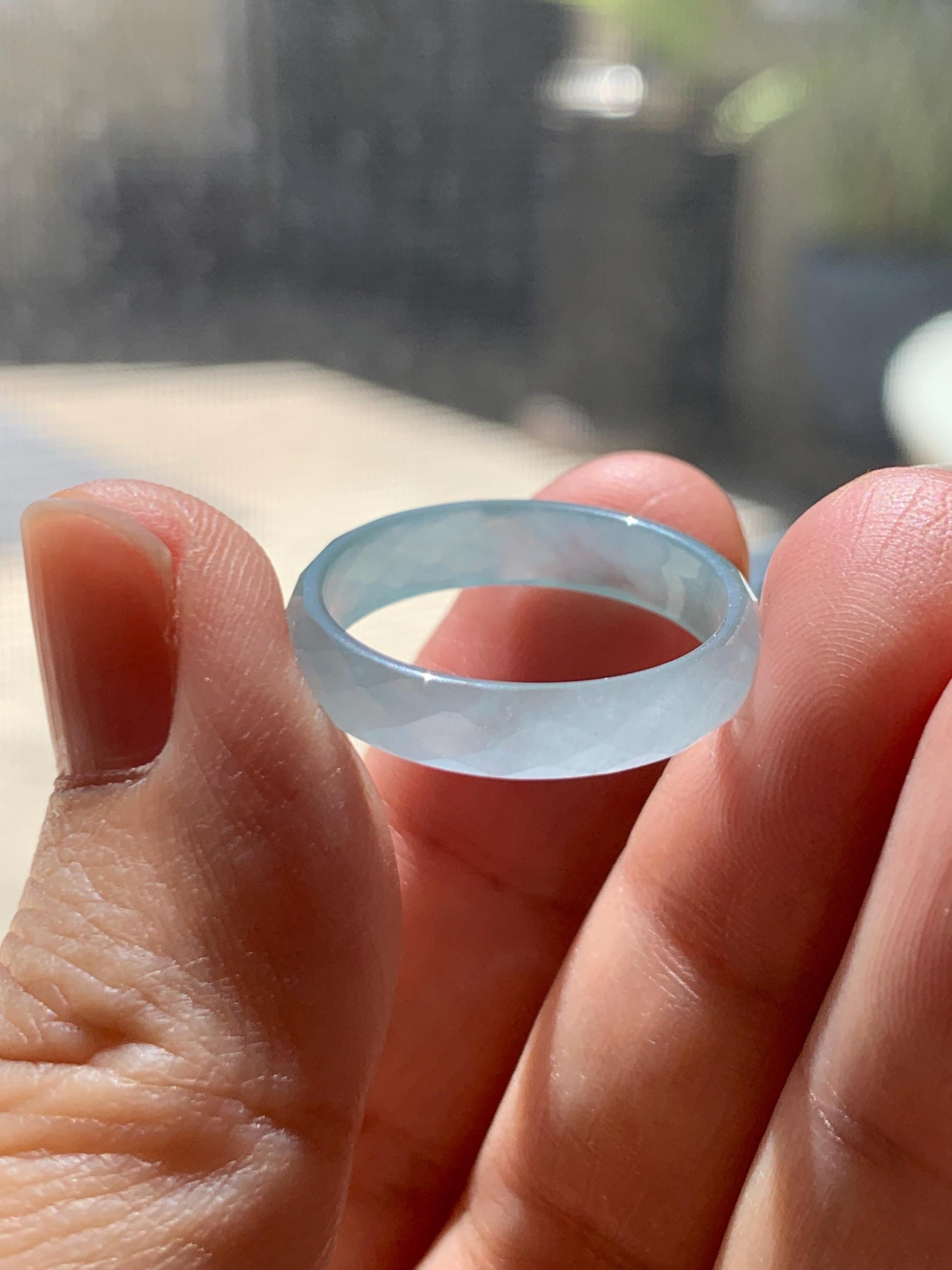 Natural Grade A Guatemalan Icy Highly Translucent Pale Teal Jade Jadeite Diamond Faceted Band Ring Size 8.25 US 天然冰危浅蓝绿翡翠切割面戒圈戒指 WQD110A