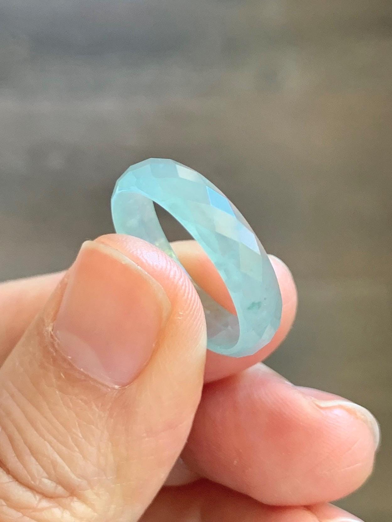 Natural Grade A Guatemalan Icy Highly Translucent Pale Teal Jade Jadeite Diamond Faceted Band Ring Size 7 US 天然冰危浅蓝绿翡翠切割面戒圈戒指 WQD110B
