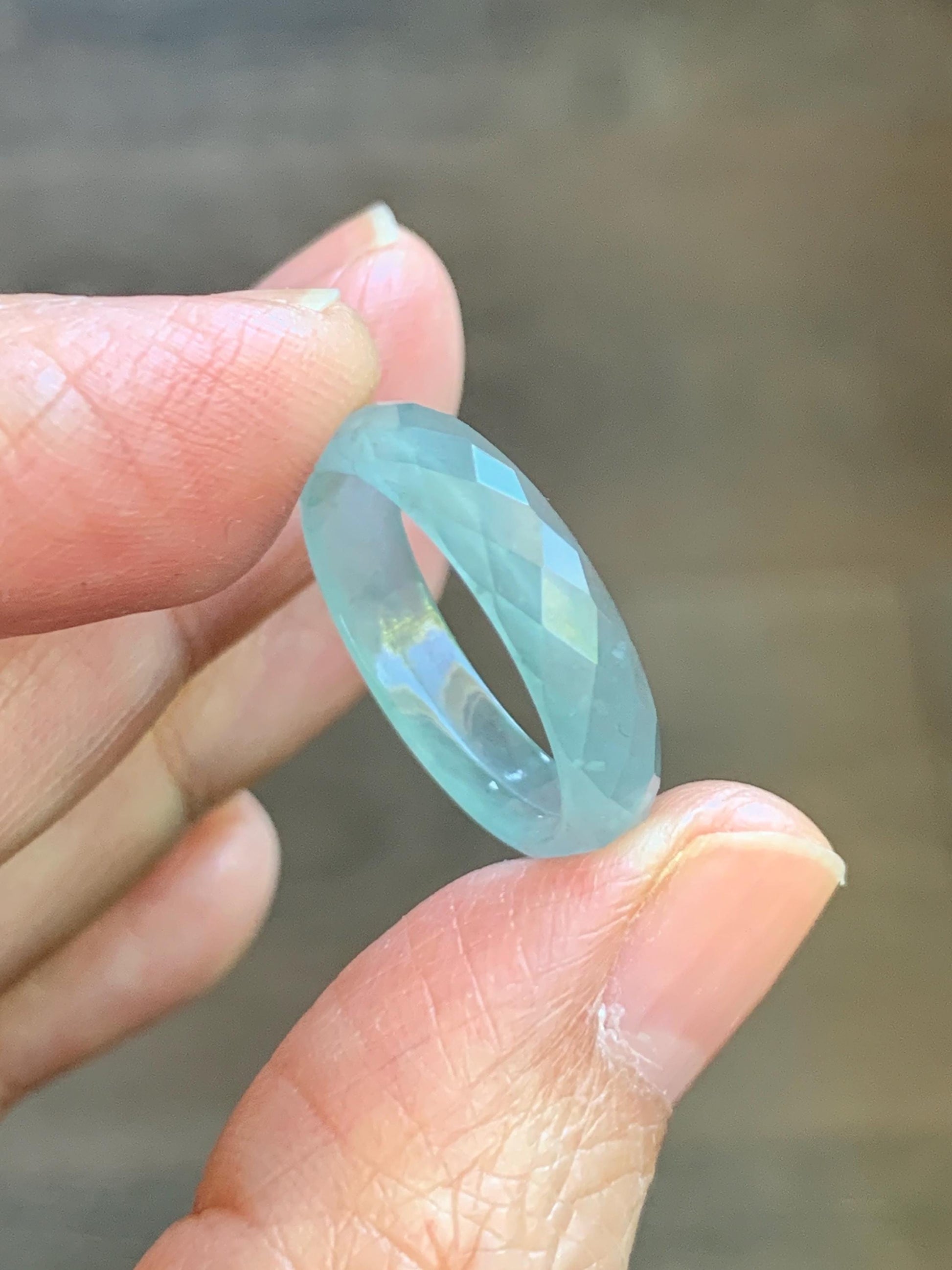 Natural Grade A Guatemalan Icy Highly Translucent Pale Teal Jade Jadeite Diamond Faceted Band Ring Size 7 US 天然冰危浅蓝绿翡翠切割面戒圈戒指 WQD110B