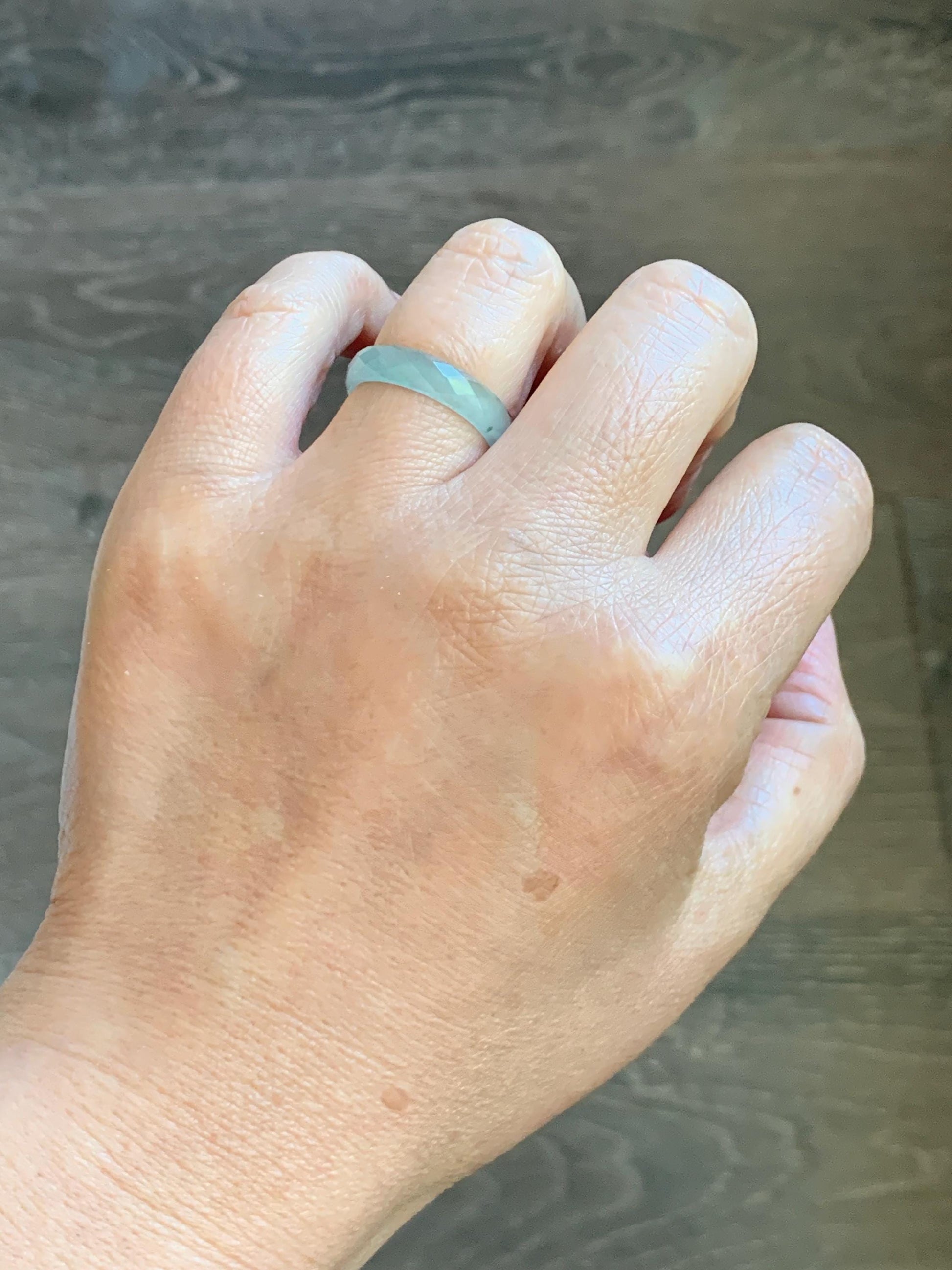 Natural Grade A Guatemalan Icy Highly Translucent Pale Teal Jade Jadeite Diamond Faceted Band Ring Size 7 US 天然冰危浅蓝绿翡翠切割面戒圈戒指 WQD110B