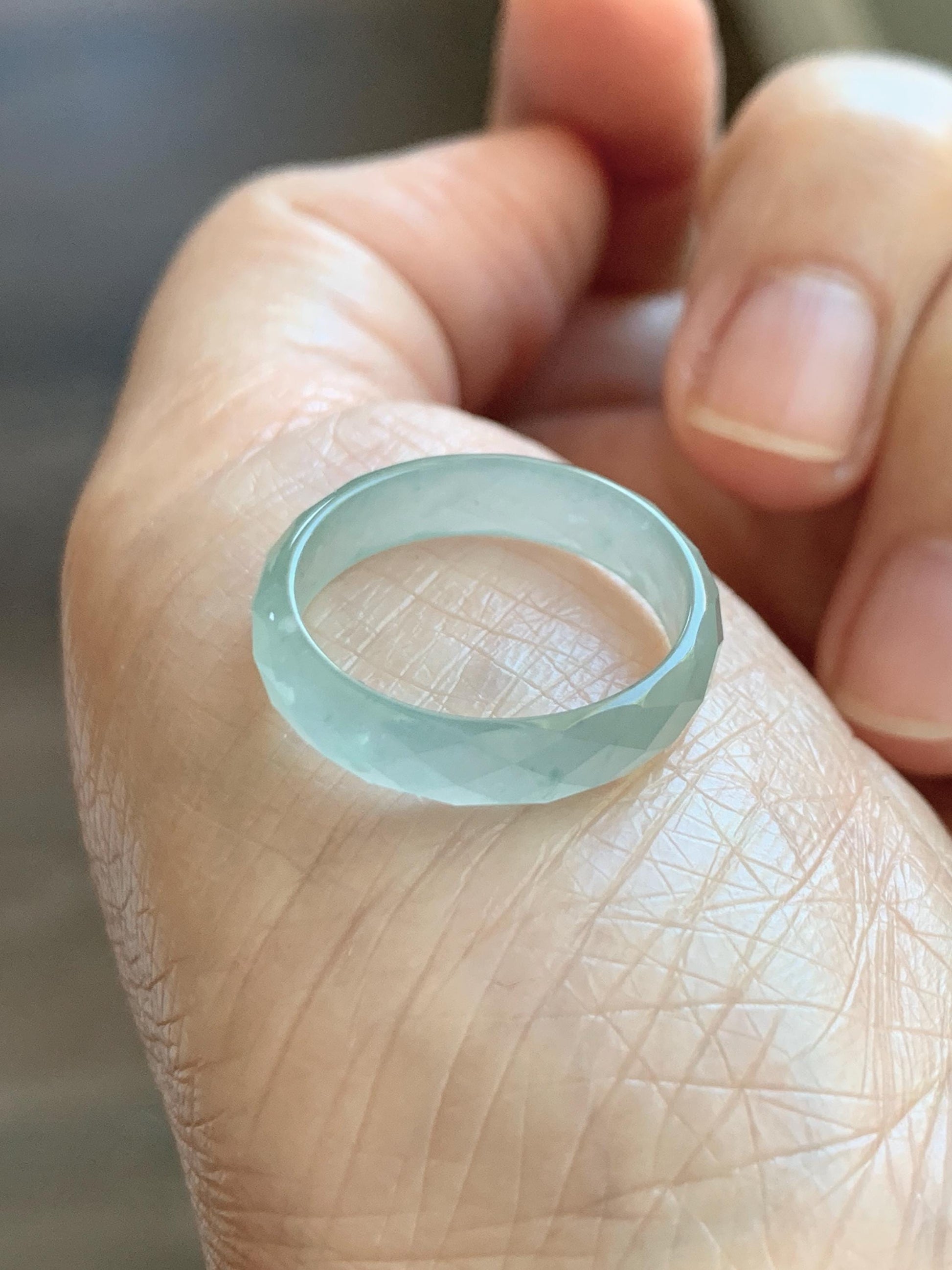 Natural Grade A Guatemalan Icy Highly Translucent Pale Teal Jade Jadeite Diamond Faceted Band Ring Size 7 US 天然冰危浅蓝绿翡翠切割面戒圈戒指 WQD110B