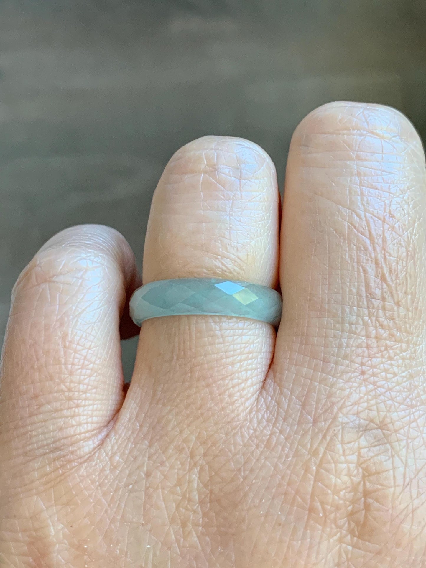 Natural Grade A Guatemalan Icy Highly Translucent Pale Teal Jade Jadeite Diamond Faceted Band Ring Size 7 US 天然冰危浅蓝绿翡翠切割面戒圈戒指 WQD110B